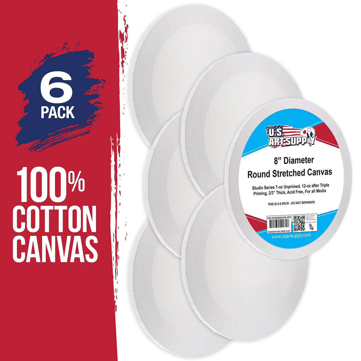 U.S. Art Supply Round Stretched Canvas, 8 in, 6-Pack