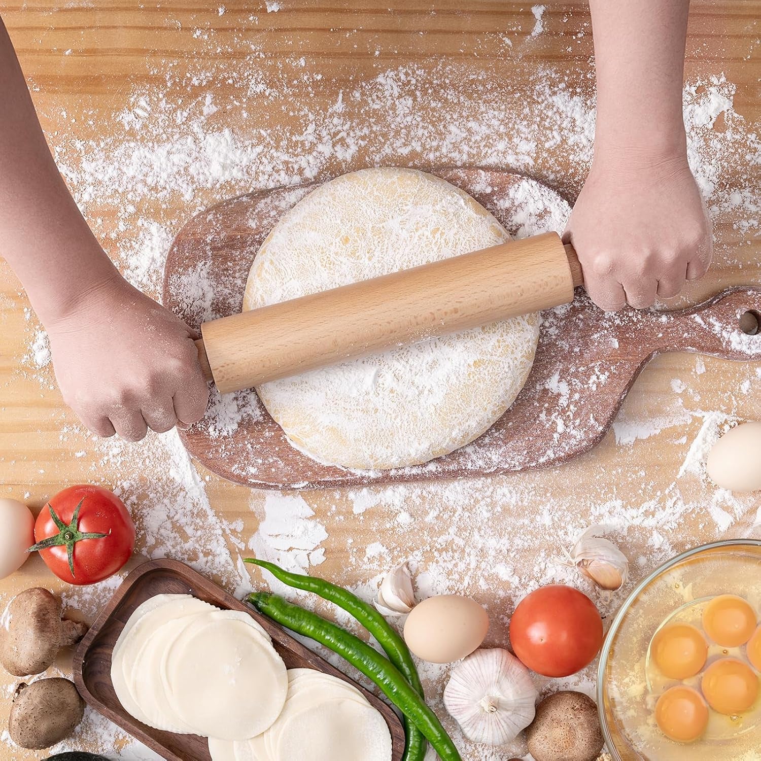 Rolling Pins for Baking, 15.75 Inches Wooden Rolling Pin with Handles, Classic Nonstick Dough Roller for Fondant Pizza Pie Crust Cookie Pastry, Kitchen Baking Essentials, Light Yellow