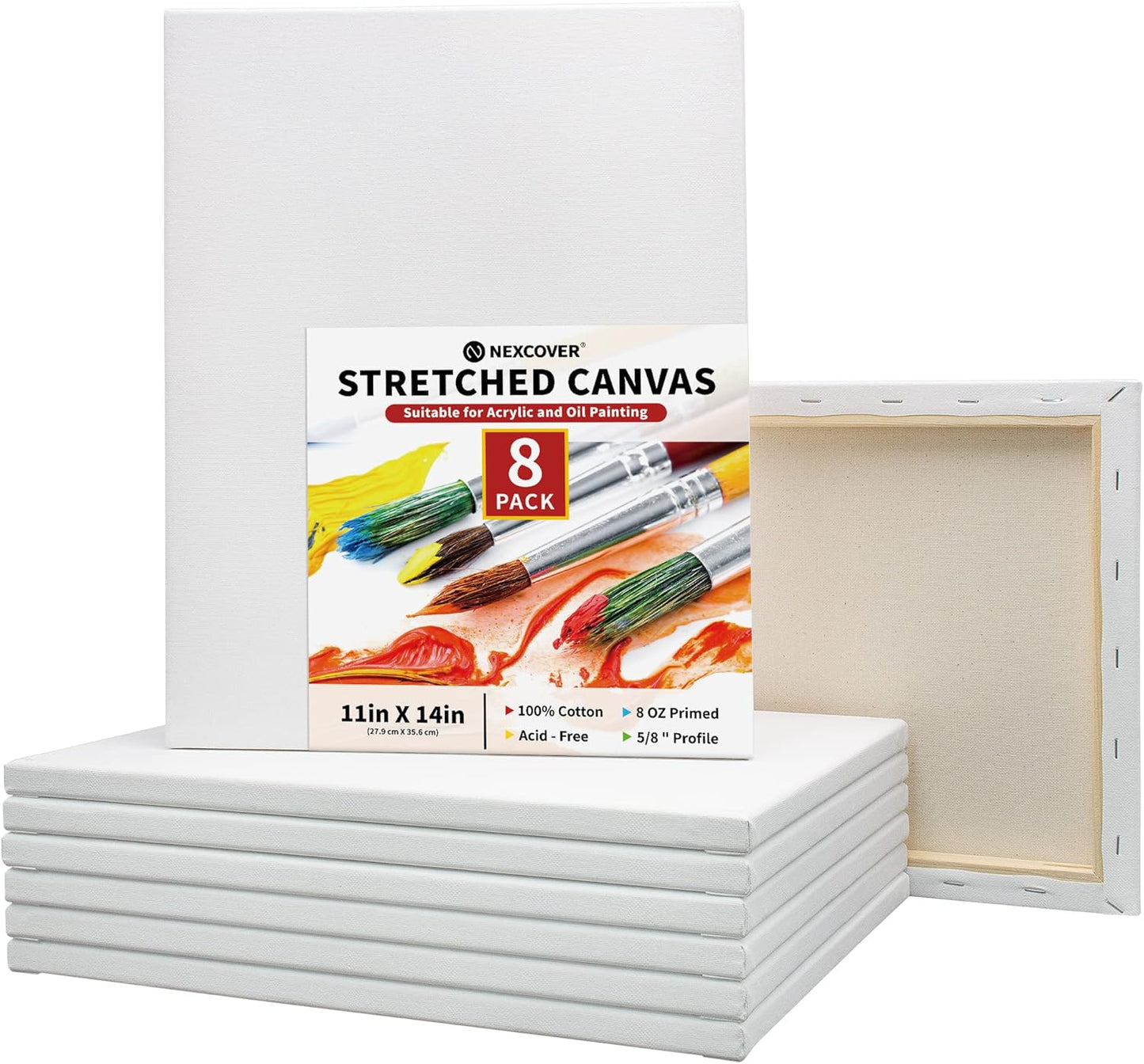 Stretched Canvas - 8 Pack 11X14 Inch, 5/8" Profile Thick Pinewood Frame, Blank White Painting Canvas for Acrylic Oil Tempera Gouache Paint, for Beginners Kids Students Artists DIY Craft/Decor