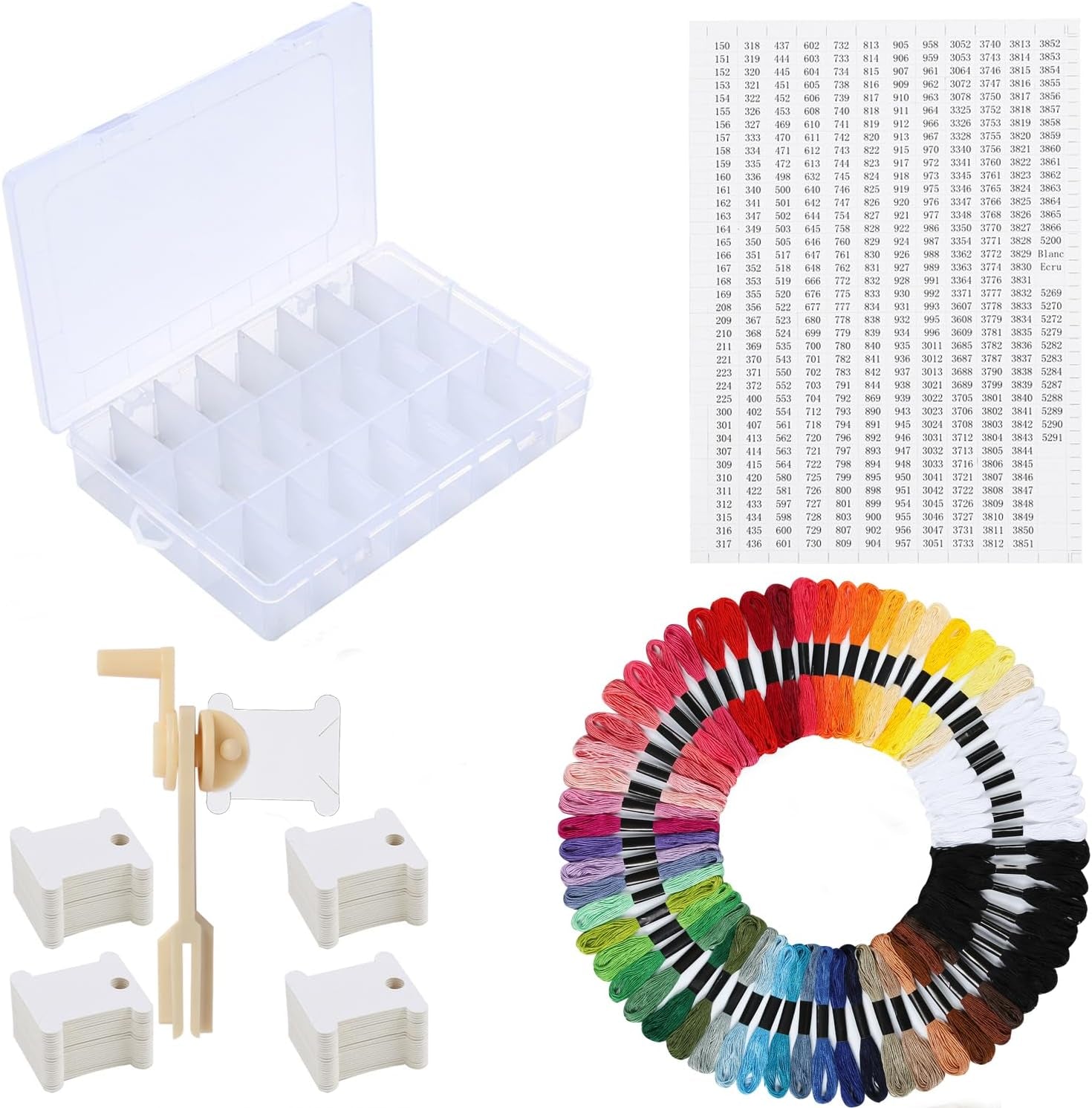 Embroidery Floss Organizer Box Tools with 62 Skeins Cross Stitch Thread Bobbin Winder, 1 Removable 24 Compartments with 50 Hard Floss Bobbins and Stickers for Craft DIY Embroidery Sewing