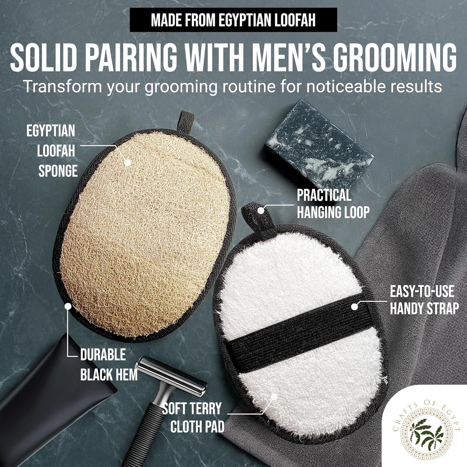 SERRENTO Natural Loofah Shower Body Scrubber for Men, Egyptian Luffa Sponge Exfoliating Loofah, Body Sponges for Shower, Hygiene Essentials, Bath Loofahs Scrubber Shower Tool - 2PCS Black & White Set