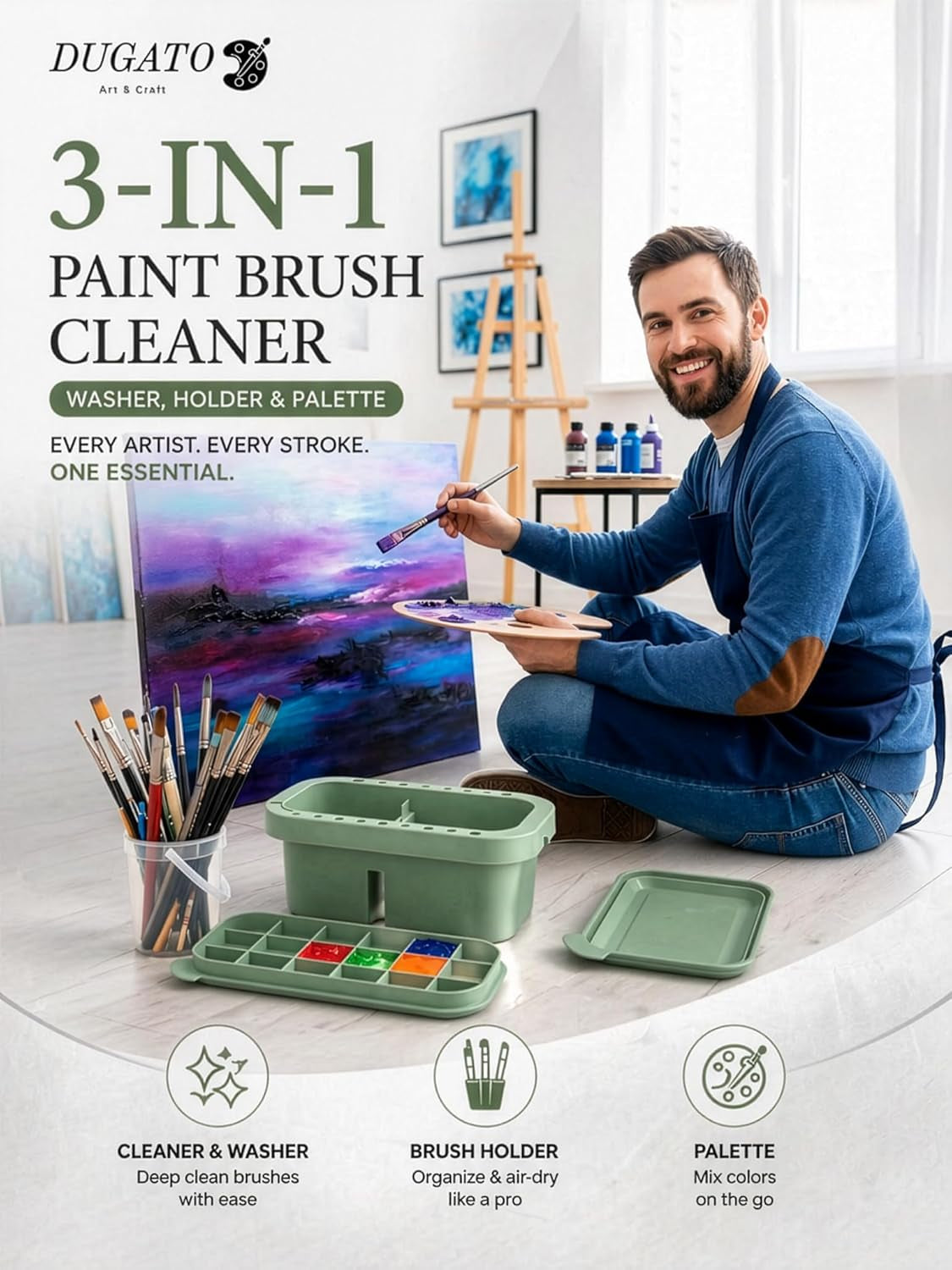 3-In-1 Paint Brush Cleaner, Washer, Holder & Palette - Artist Basin with Lid & Sponges for Acrylic, Watercolor, Oil Painting - Art Studio Organizer (Green)
