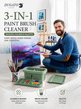 3-In-1 Paint Brush Cleaner, Washer, Holder & Palette - Artist Basin with Lid & Sponges for Acrylic, Watercolor, Oil Painting - Art Studio Organizer (Green)