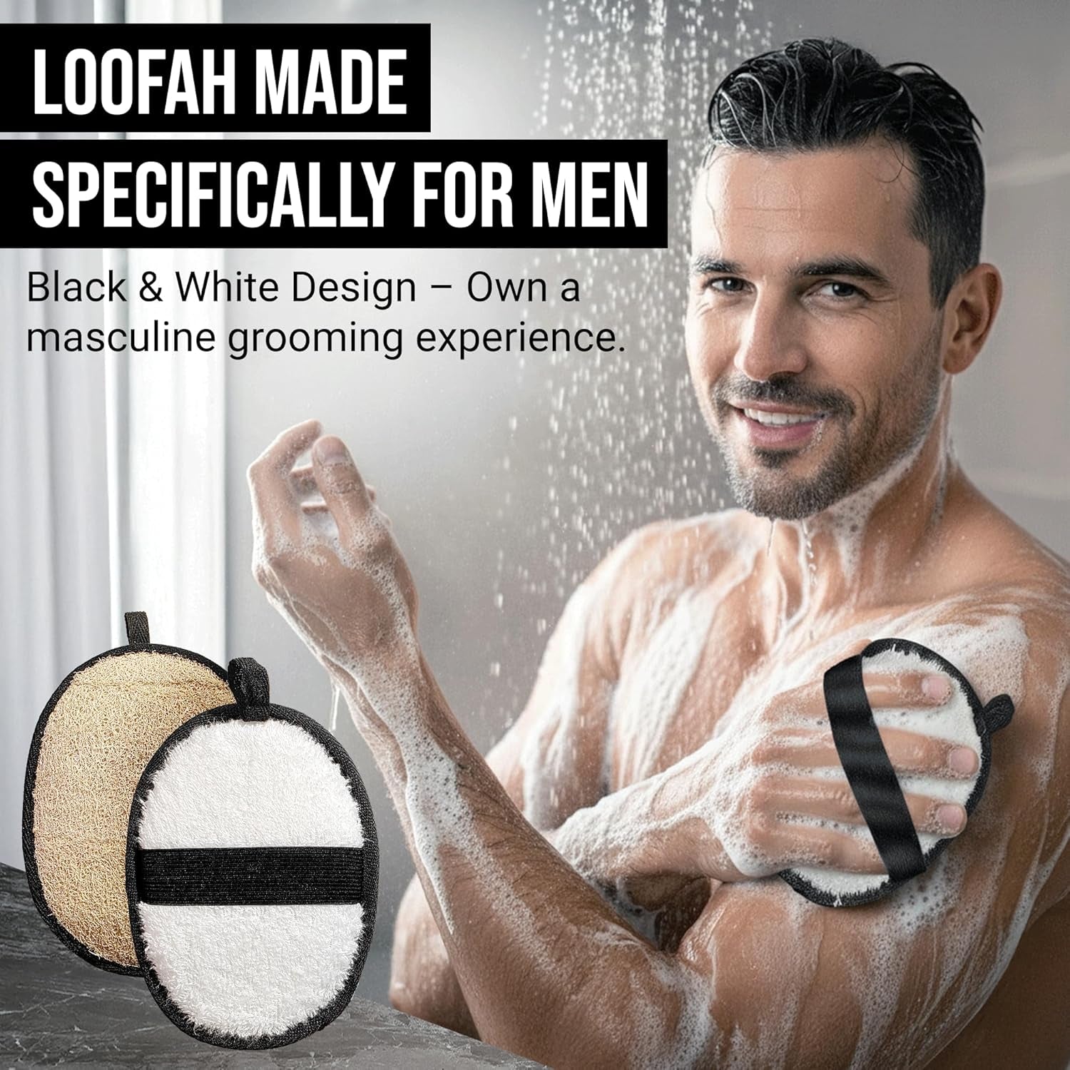 SERRENTO Natural Loofah Shower Body Scrubber for Men, Egyptian Luffa Sponge Exfoliating Loofah, Body Sponges for Shower, Hygiene Essentials, Bath Loofahs Scrubber Shower Tool - 2PCS Black & White Set