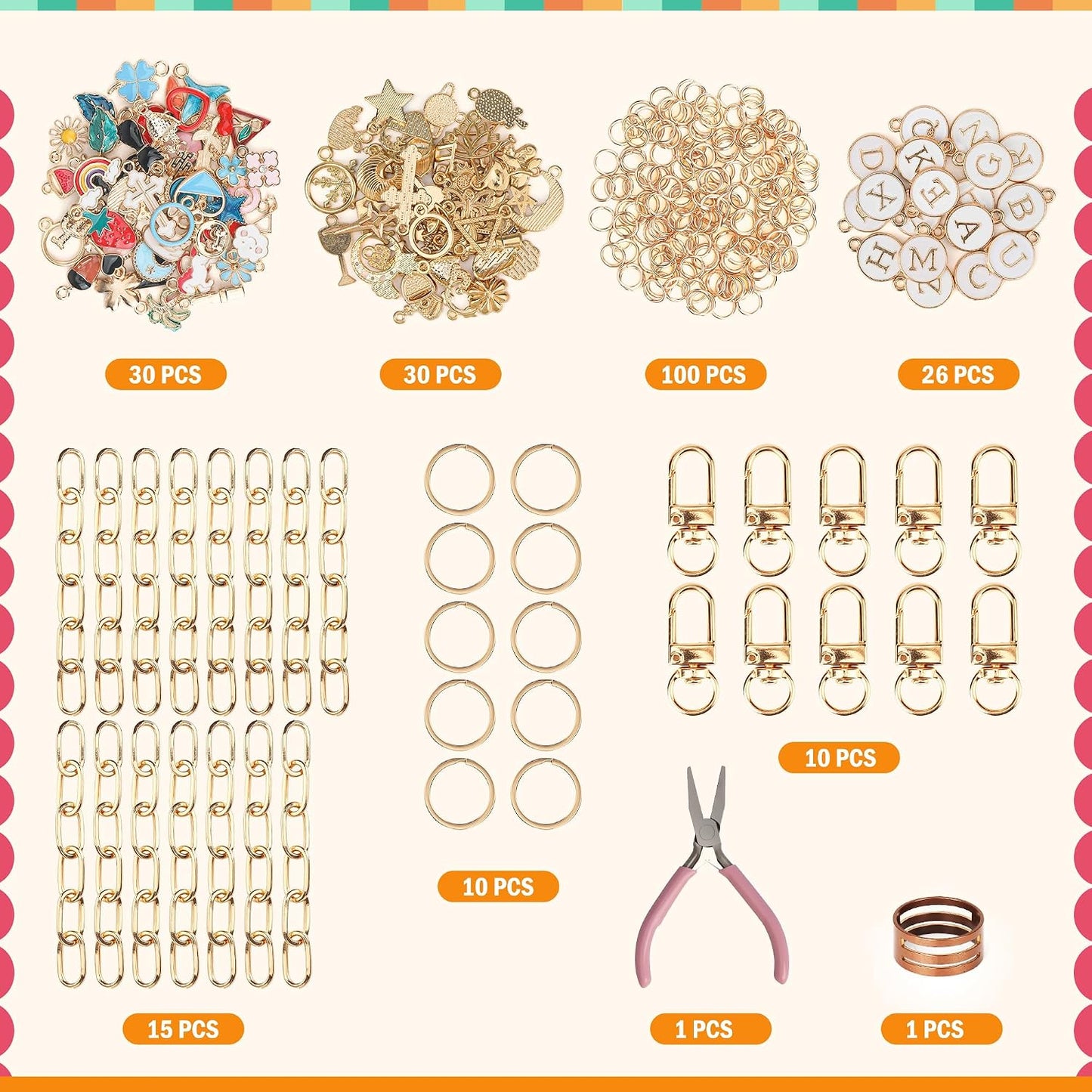 223Pcs Keychain Making Kit Bag Charm Kit 86 Charms 10 Keychain Clips with Key Ring Jewelry Plier,15 Extender Chain Swivel Snap Hooks Gold Charms 100 Jump Ring DIY Craft Supplies