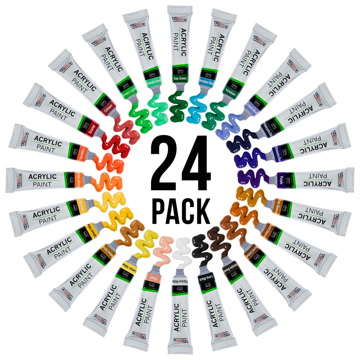 U.S. Art Supply 24 Color Acrylic Paint Set, 12ml