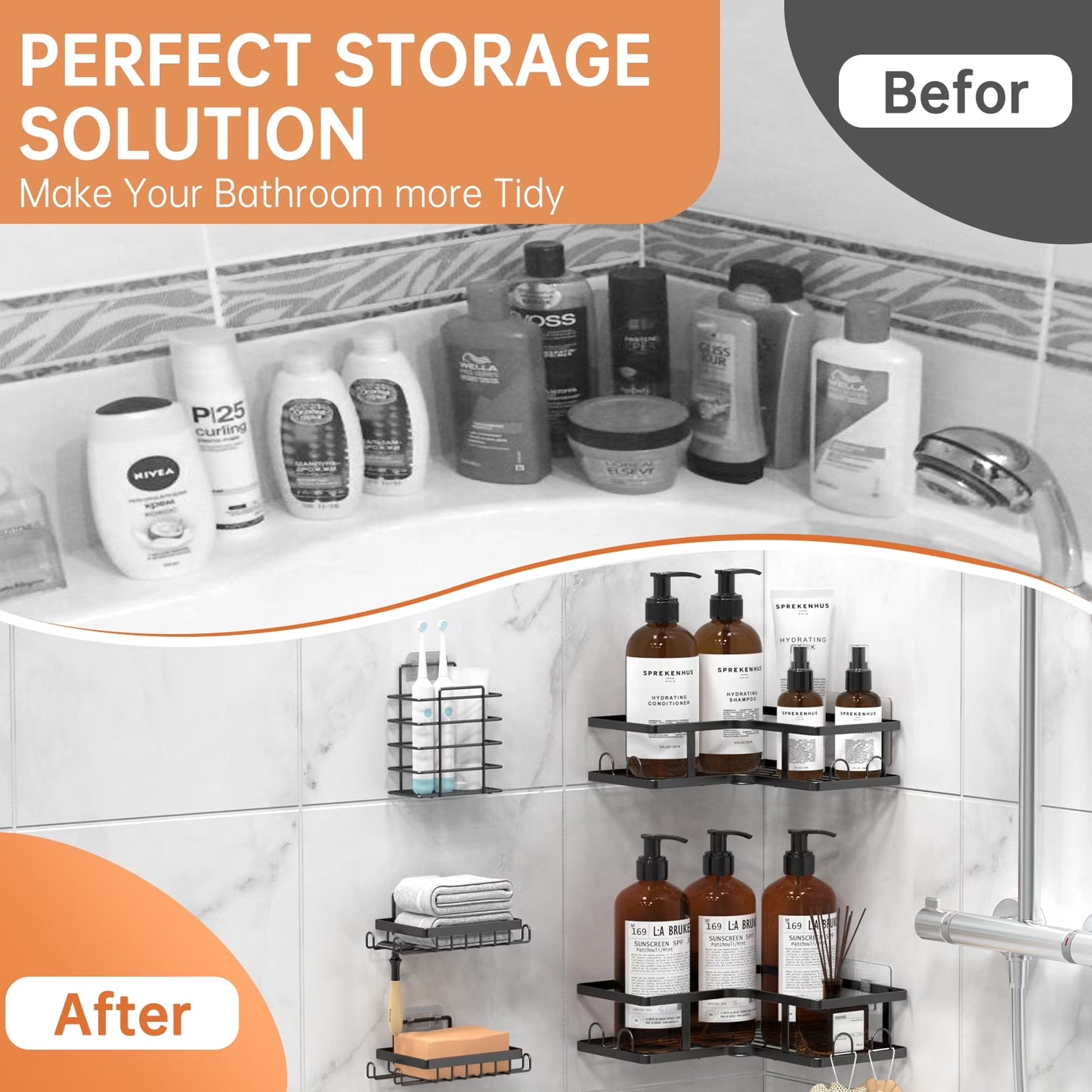 5 Pack Corner Shower Caddy, L-Shape Adhesive Shower Organizer with Soap Holder &Toothpaste Holder, Rustproof Stainless Steel Shower Shelves W/ 16 Hooks, No Drilling Bathroom Organizers Storage Racks