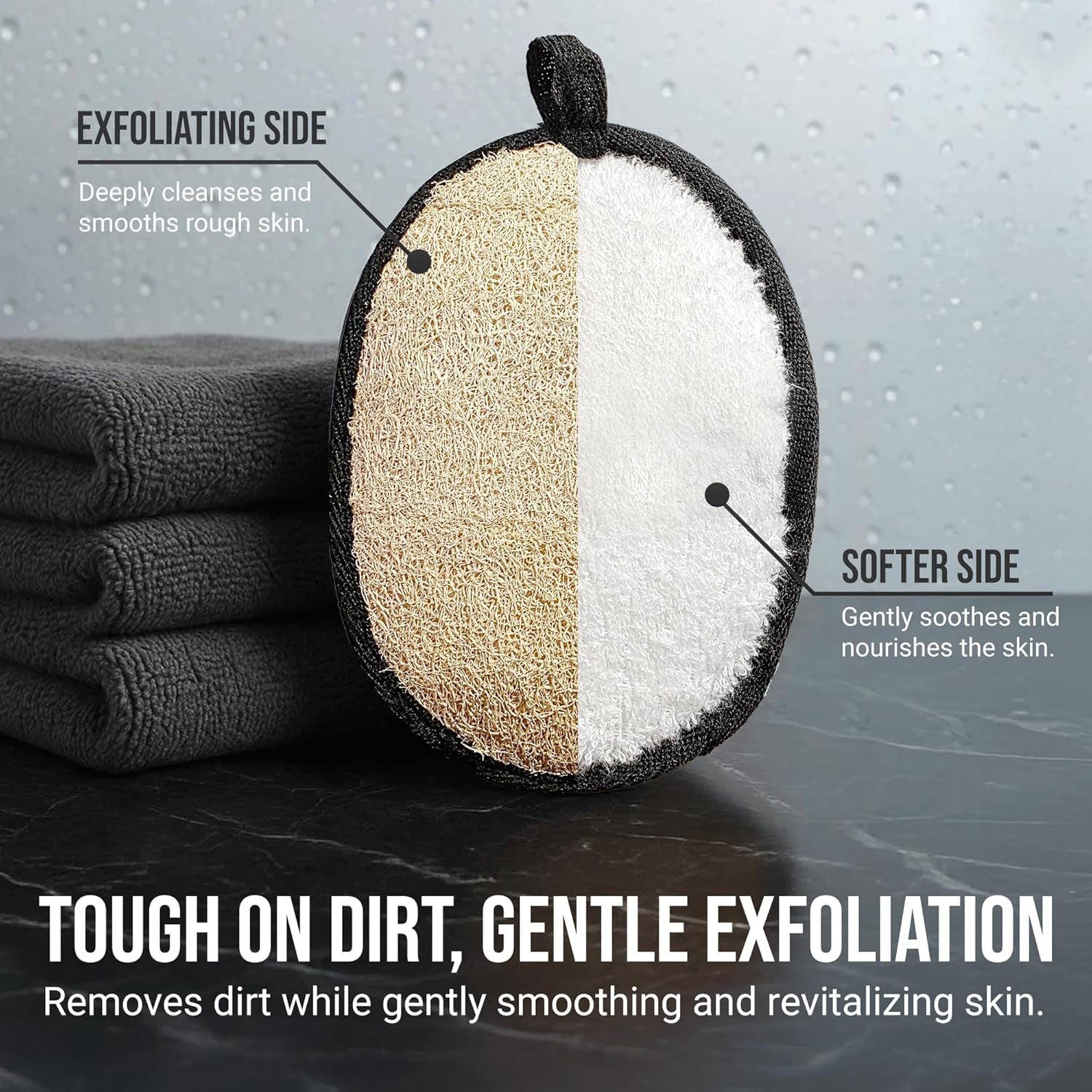 SERRENTO Natural Loofah Shower Body Scrubber for Men, Egyptian Luffa Sponge Exfoliating Loofah, Body Sponges for Shower, Hygiene Essentials, Bath Loofahs Scrubber Shower Tool - 2PCS Black & White Set