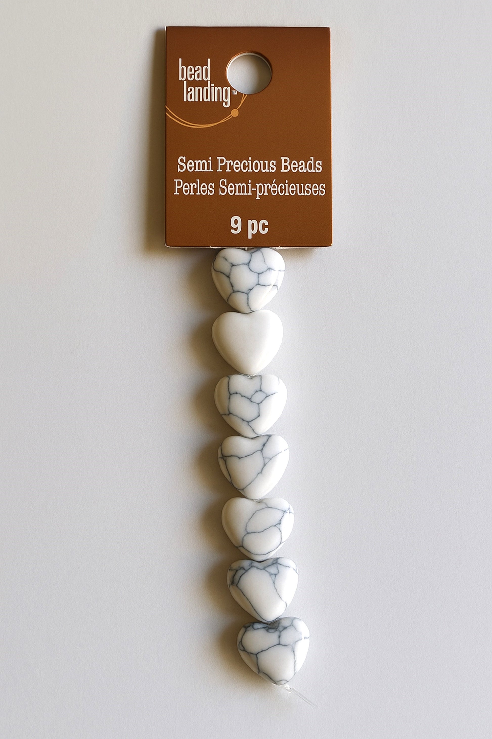 Bead Landing Semi-Precious Heart Beads – 9 Pieces, White with Gray Veins