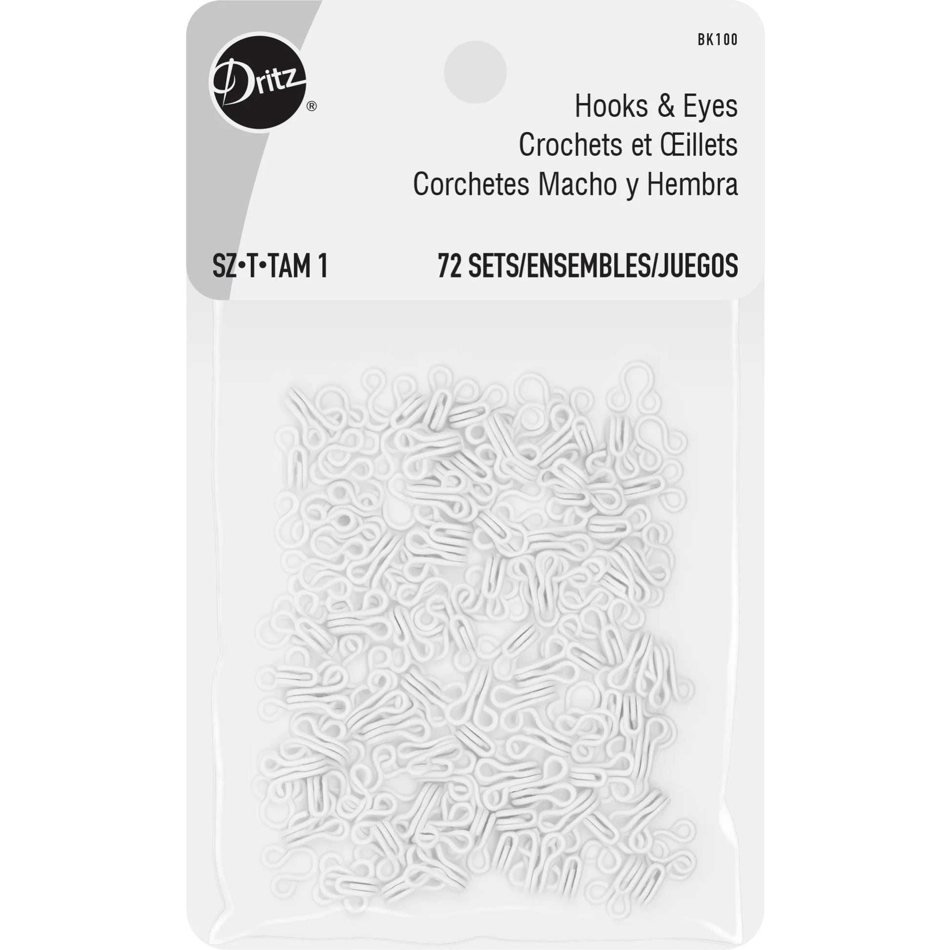 Dritz Hooks & Eyes, Size 1, 72 Sets, White