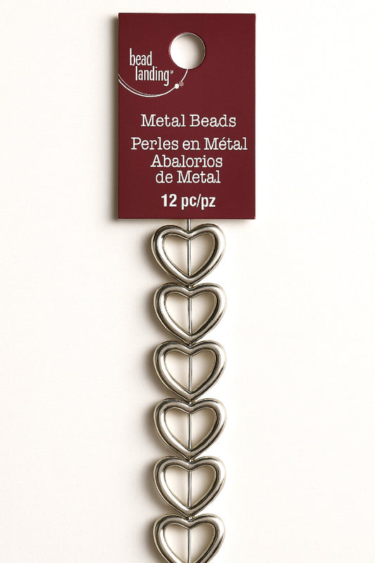 Bead Landing Metal Heart Beads – 12 Pieces, Silver Tone