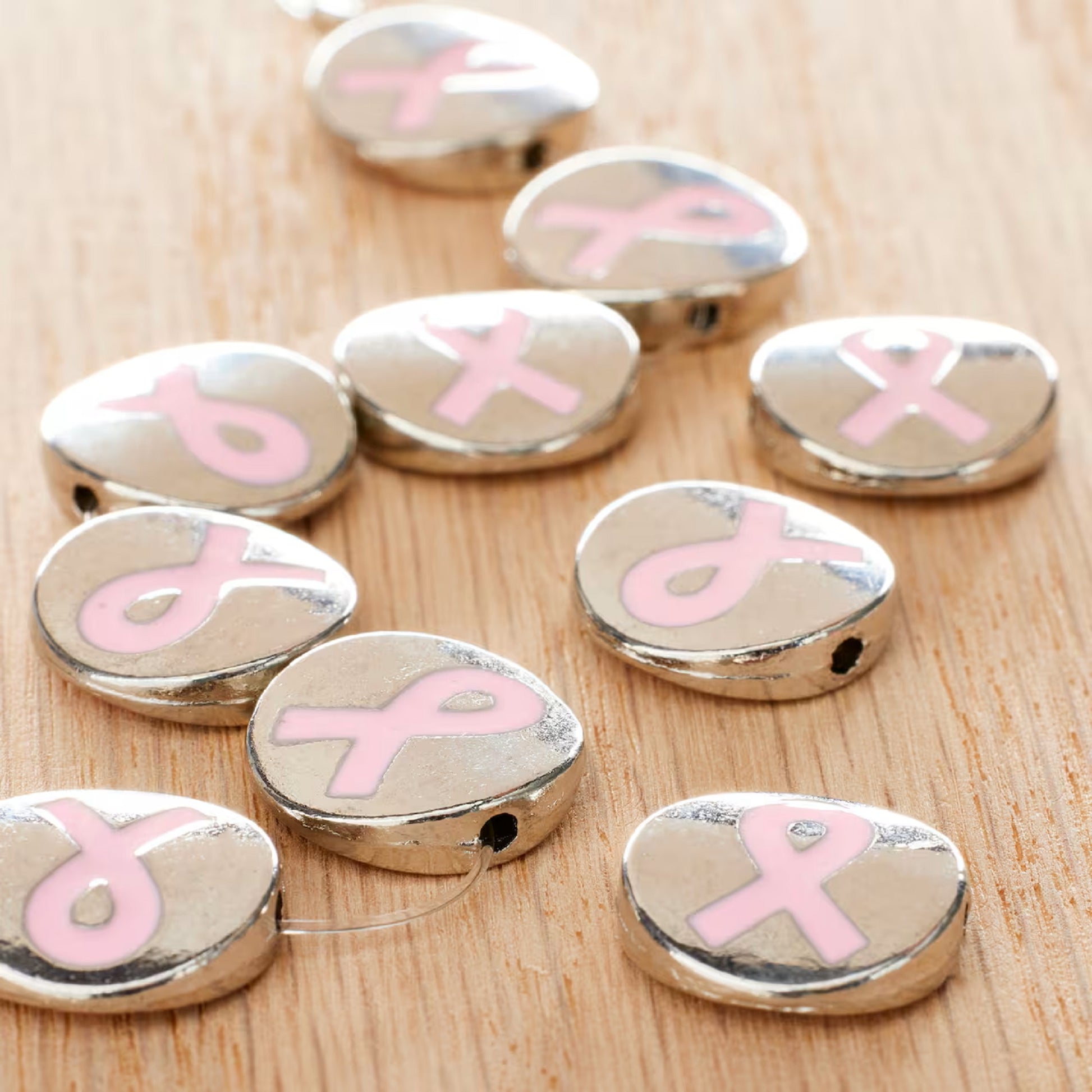 Pink Ribbon Metal Lentil Beads, 14mm by Bead Landing