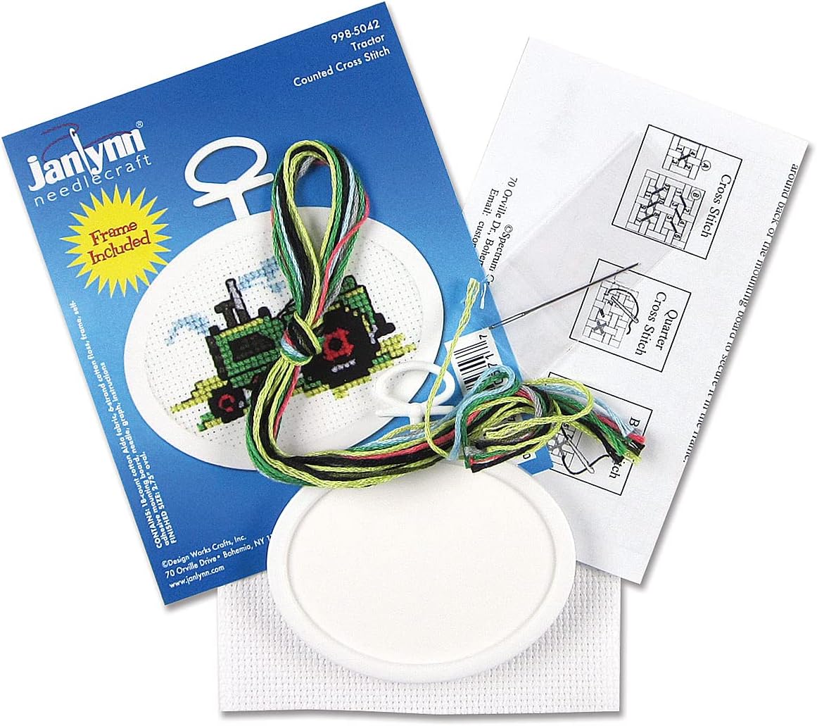 Janlynn Oval Mini Counted Cross Stitch Kit, 2-3/4-Inch, Tractor