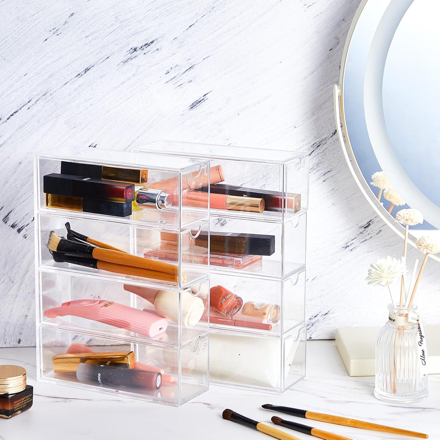 2 Pack Acrylic Washi Tape Organizer, Clear Washi Tape Storage Holder with 4 Sliding Drawers, Desk Accessories Display Caddy Craft Box for Scrapbooking Art Craft Supplies