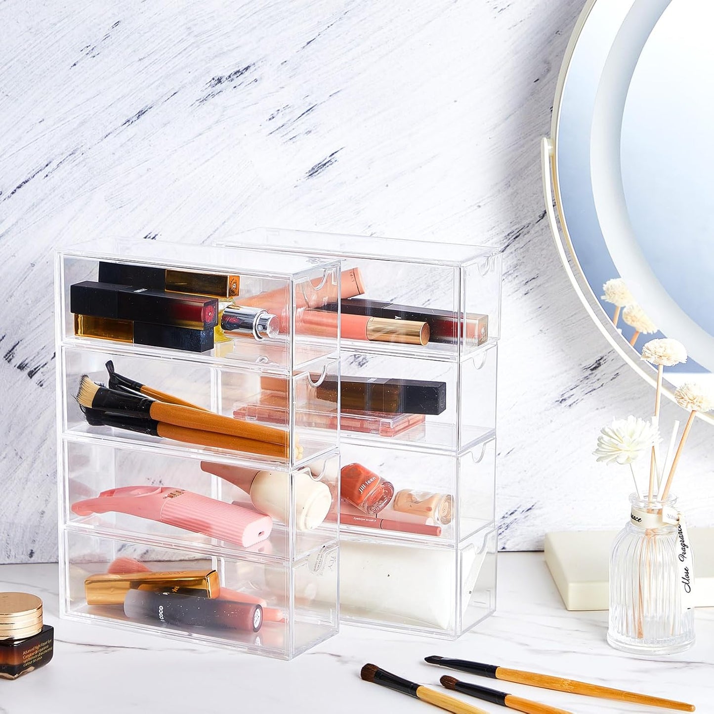 3 Pack Acrylic Washi Tape Organizer, Clear Washi Tape Storage Holder with 4 Sliding Drawers, Desk Accessories Display Caddy Craft Box for Scrapbooking Art Craft Supplies