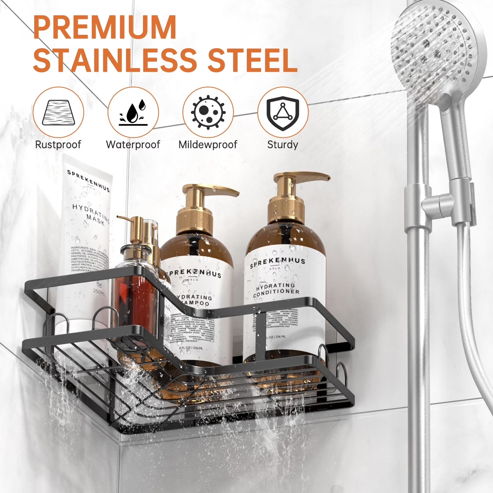 5 Pack Corner Shower Caddy, L-Shape Adhesive Shower Organizer with Soap Holder &Toothpaste Holder, Rustproof Stainless Steel Shower Shelves W/ 16 Hooks, No Drilling Bathroom Organizers Storage Racks