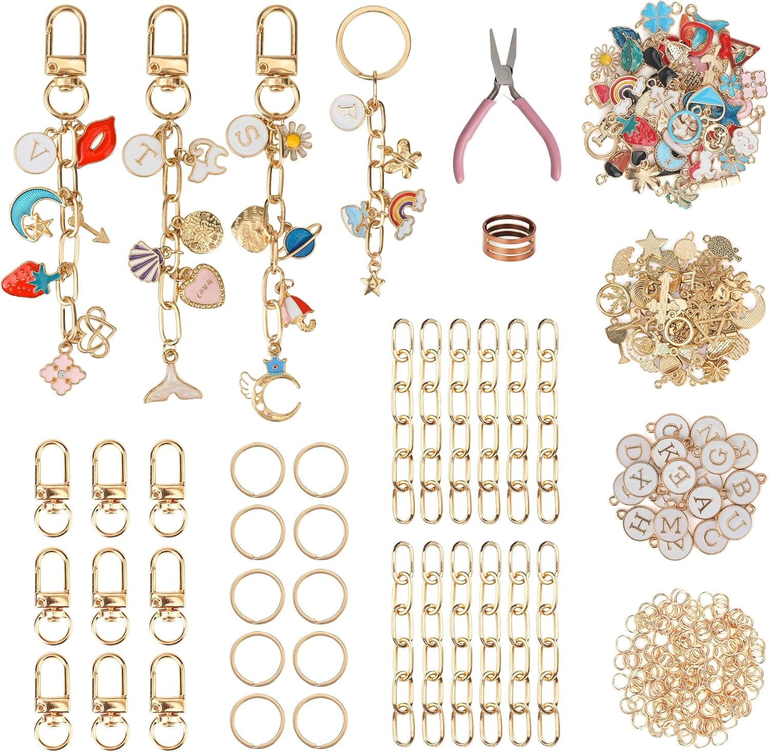 223Pcs Keychain Making Kit Bag Charm Kit 86 Charms 10 Keychain Clips with Key Ring Jewelry Plier,15 Extender Chain Swivel Snap Hooks Gold Charms 100 Jump Ring DIY Craft Supplies
