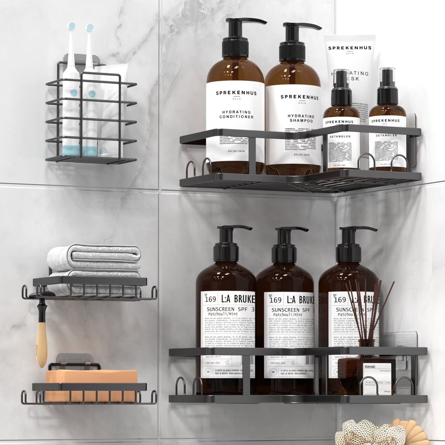 5 Pack Corner Shower Caddy, L-Shape Adhesive Shower Organizer with Soap Holder &Toothpaste Holder, Rustproof Stainless Steel Shower Shelves W/ 16 Hooks, No Drilling Bathroom Organizers Storage Racks