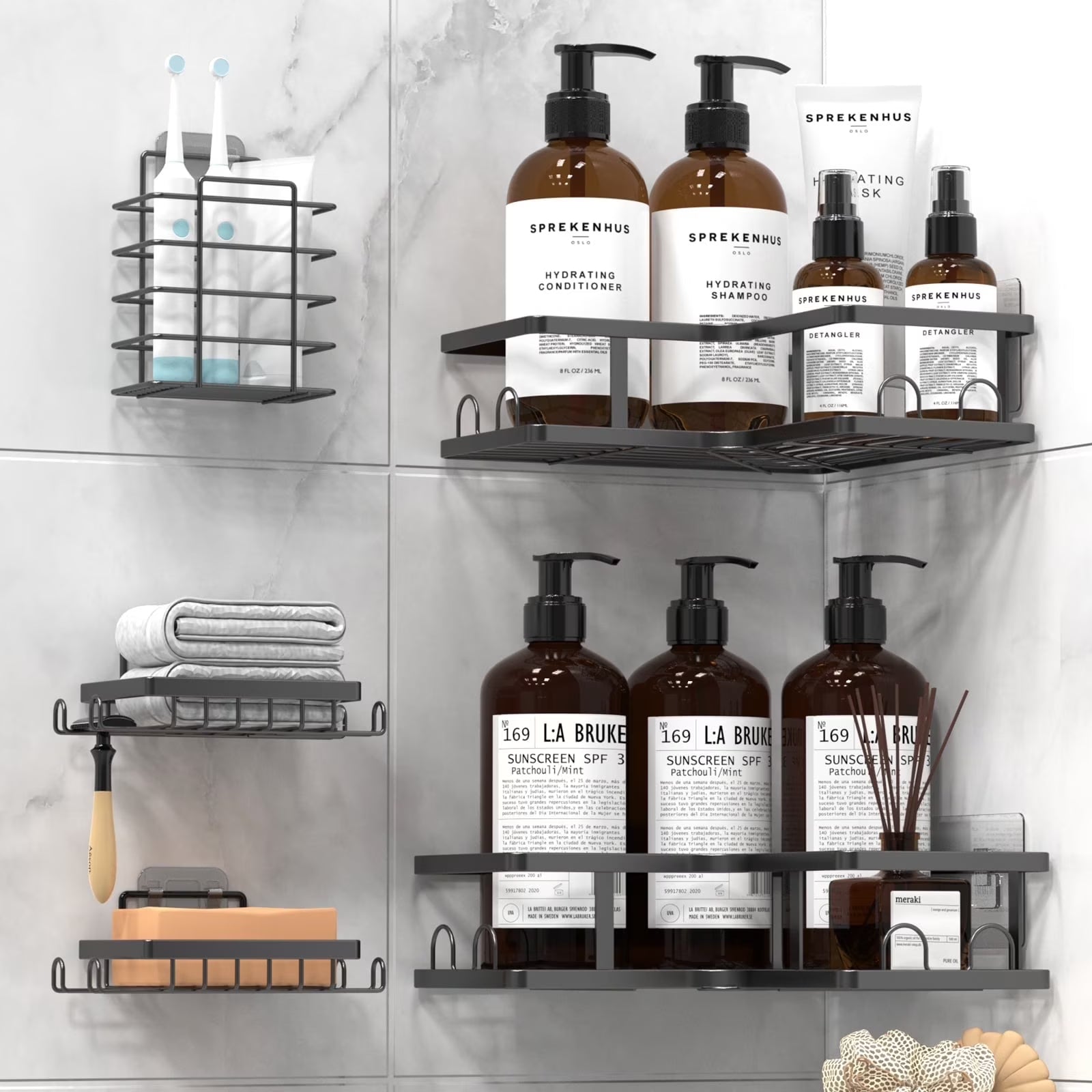 5 Pack Corner Shower Caddy, L-Shape Adhesive Shower Organizer with Soap Holder &Toothpaste Holder, Rustproof Stainless Steel Shower Shelves W/ 16 Hooks, No Drilling Bathroom Organizers Storage Racks