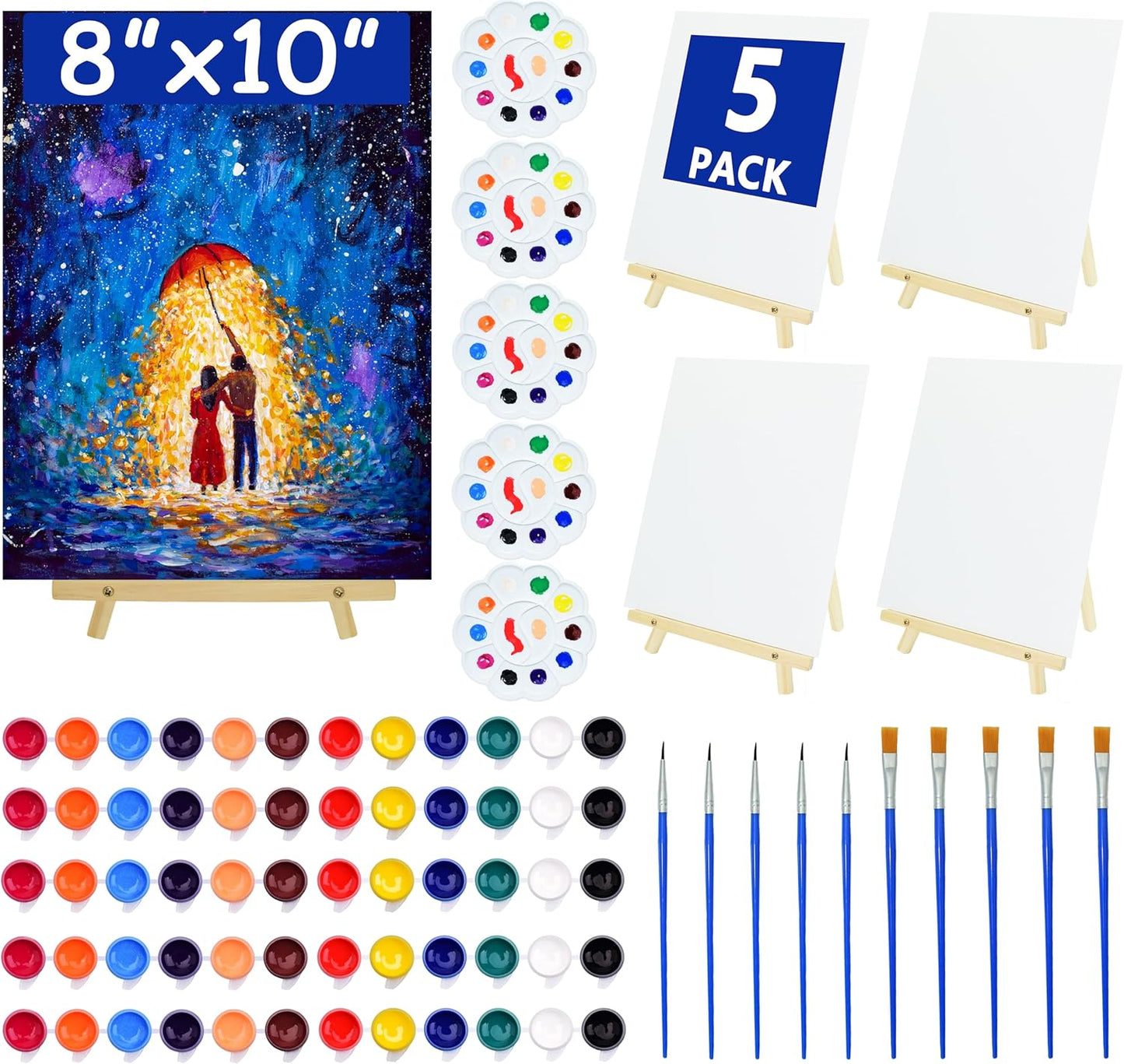 5 Pack 8X10 Inch Canvas and Easel Set, Sip and Paint Kit for Adults,Art Canvas Bulk with Easels Stands, Trays,Small Paint Brushes,12 Colors Mini Acrylic Paint Set for Couples,Kids and Party Supplies