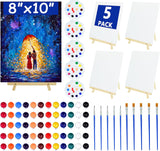 5 Pack 8X10 Inch Canvas and Easel Set, Sip and Paint Kit for Adults,Art Canvas Bulk with Easels Stands, Trays,Small Paint Brushes,12 Colors Mini Acrylic Paint Set for Couples,Kids and Party Supplies