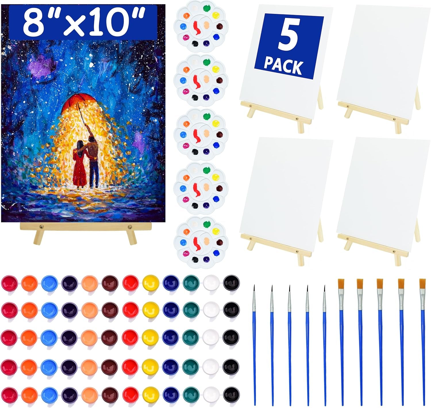 5 Pack 8X10 Inch Canvas and Easel Set, Sip and Paint Kit for Adults,Art Canvas Bulk with Easels Stands, Trays,Small Paint Brushes,12 Colors Mini Acrylic Paint Set for Couples,Kids and Party Supplies