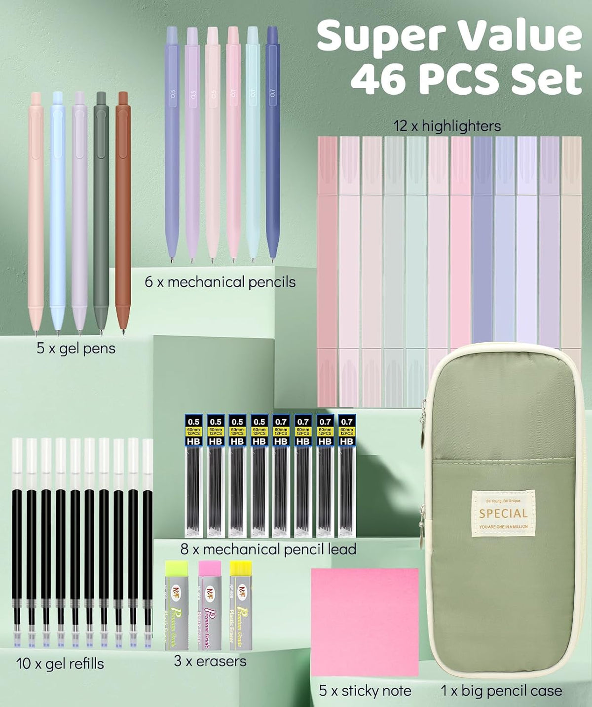 46 PCS Aesthetic School Supplies with Pencil Case, Pastel Highlighters, Erasable Pens, Refills, Mechanical Pencils for Students Stationary College Essentials