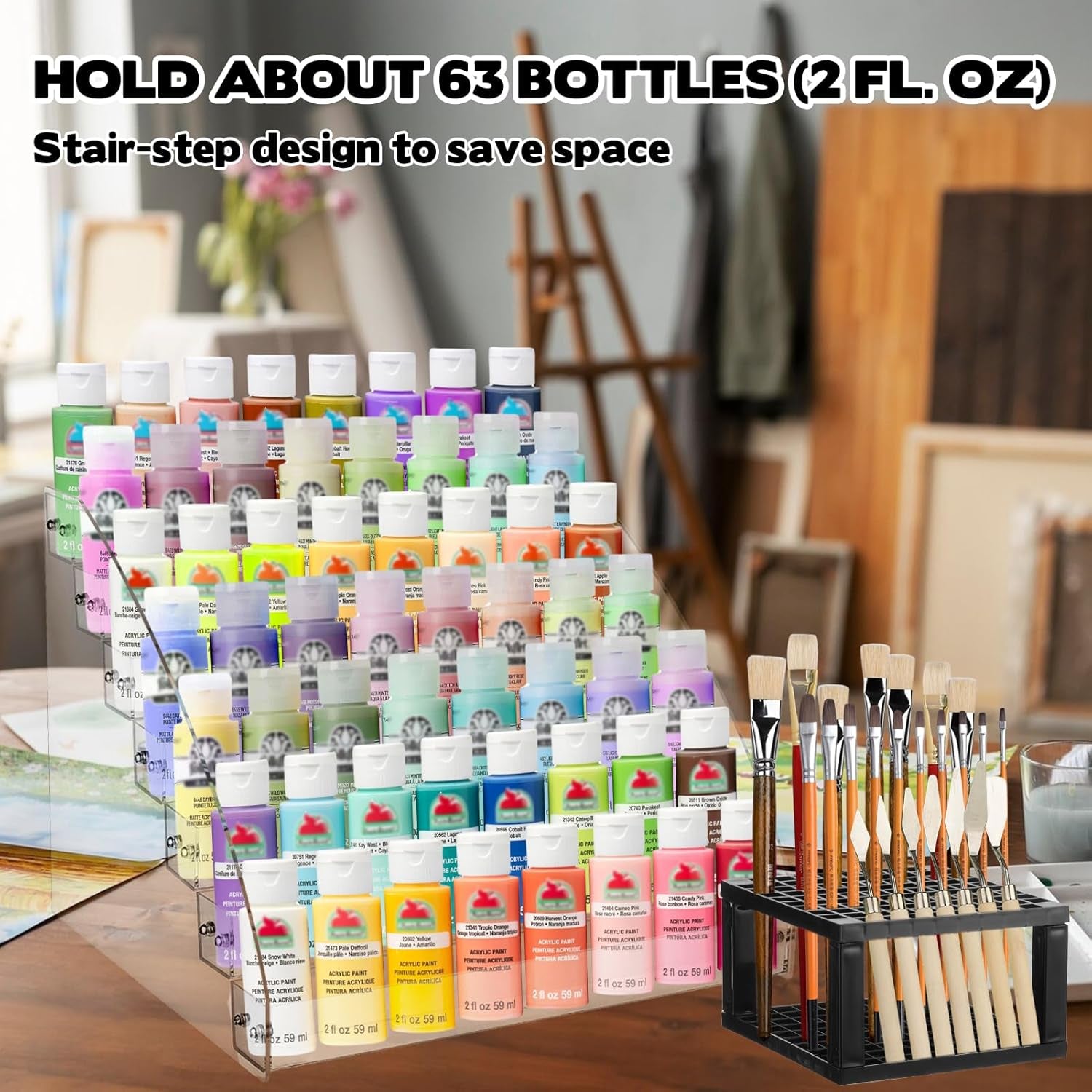2 Pack 7 Tiers Clear Acrylic Paint Organizer with Brush Holder,Paint Organizers Set Miniature Paints Holders, 7 Layers Paints Storage Rack, Craft Paint Rack