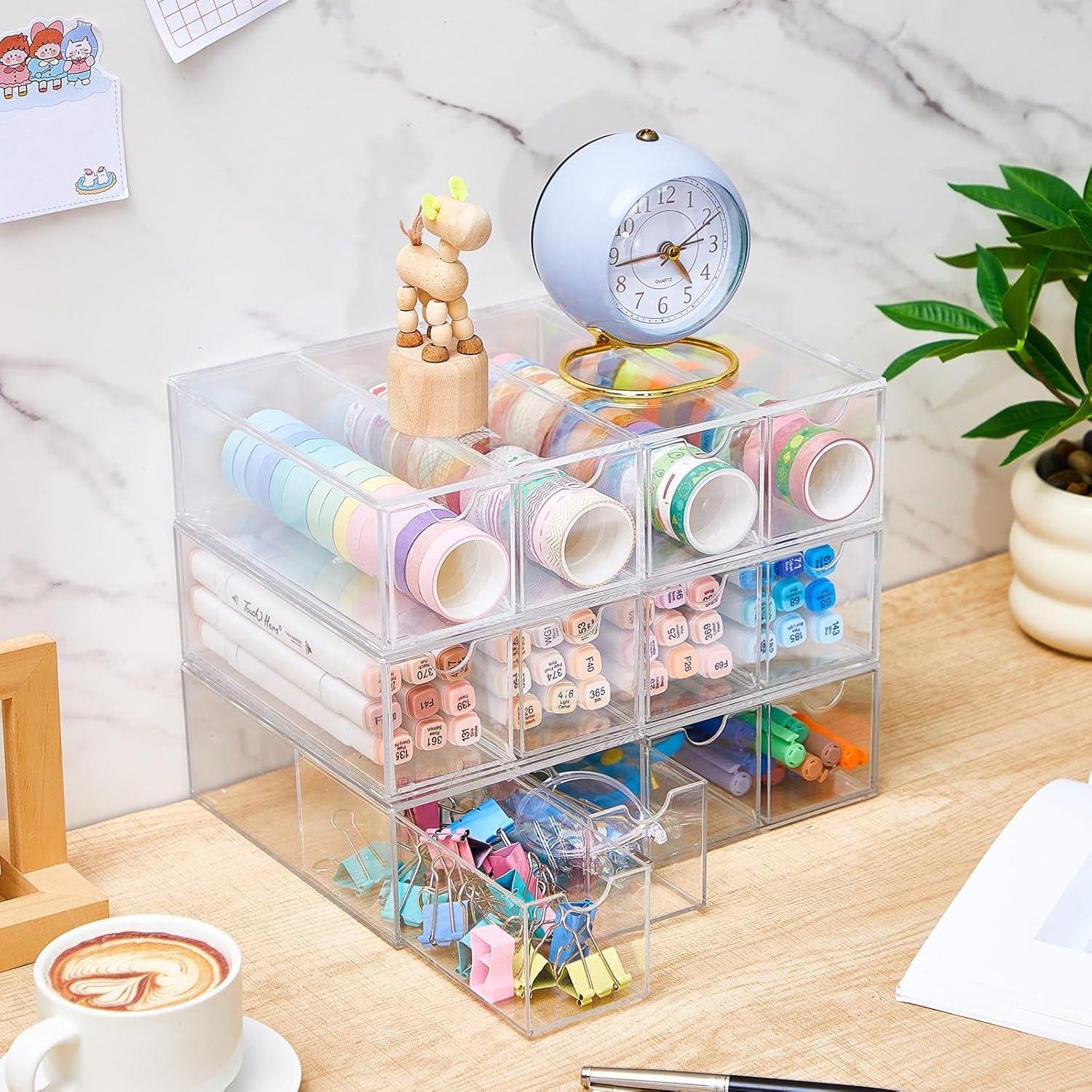 3 Pack Acrylic Washi Tape Organizer, Clear Washi Tape Storage Holder with 4 Sliding Drawers, Desk Accessories Display Caddy Craft Box for Scrapbooking Art Craft Supplies