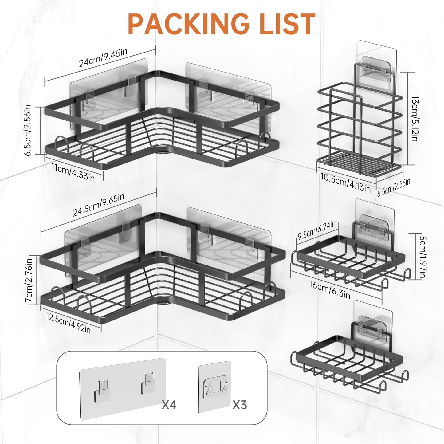 5 Pack Corner Shower Caddy, L-Shape Adhesive Shower Organizer with Soap Holder &Toothpaste Holder, Rustproof Stainless Steel Shower Shelves W/ 16 Hooks, No Drilling Bathroom Organizers Storage Racks