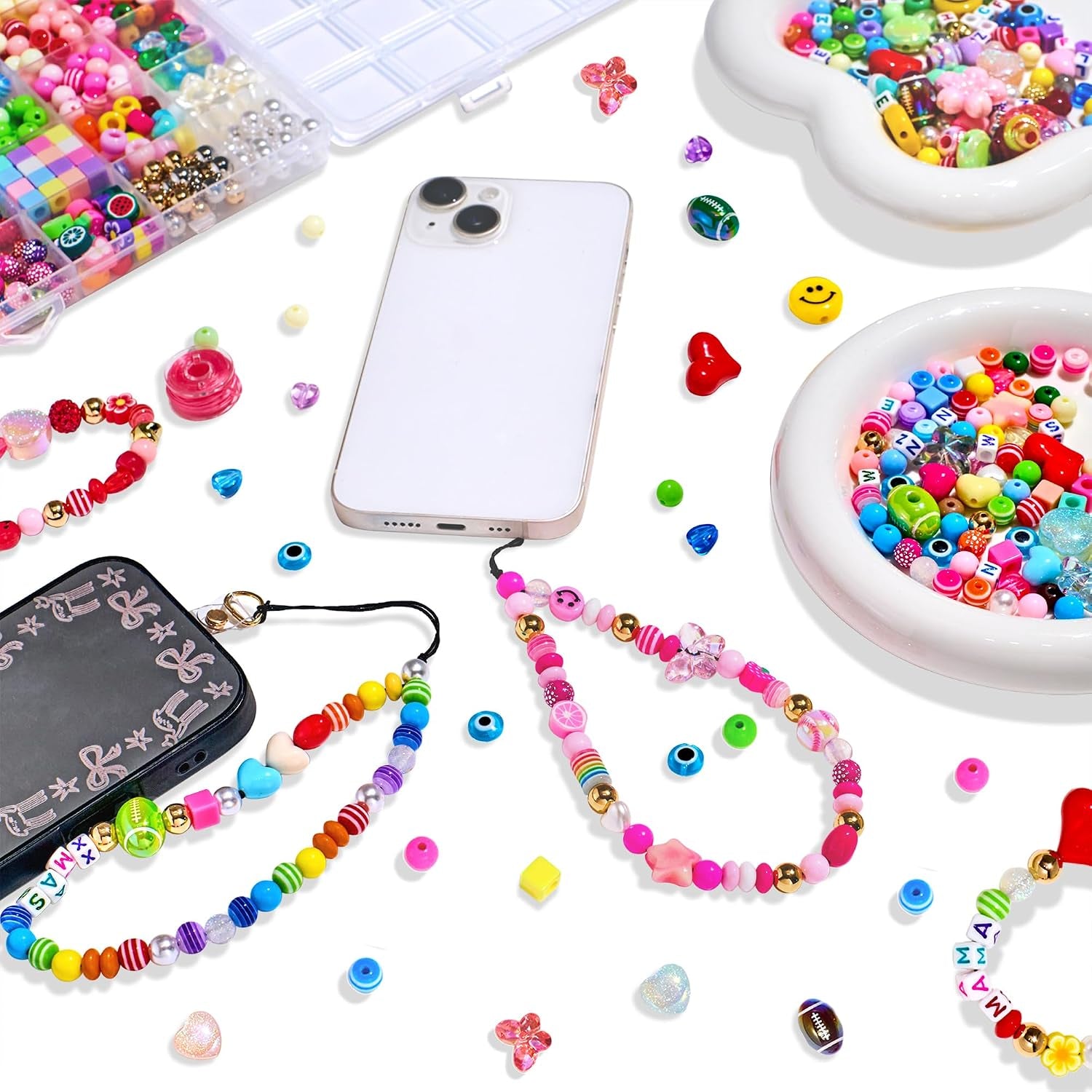 657Pcs DIY Phone Charm Kit for Girls Boys Bead Keychain Making Kit Beads for Children Beaded Keychain Making Kits Letter Alphabet Name Beads Heart Flower Backpack Charms Accessories Gift