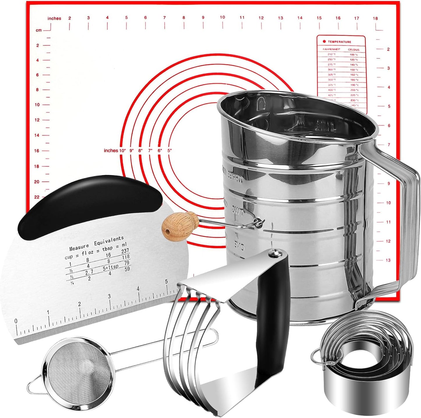 Biscuit Cutter Set,10Pcs Stainless Steel Pastry Blender Set with Pastry Cutter,5Pcs Biscuit Cutter,Dough Cutter,3 Cup Flour Sifter,Baking Mat and Fine Mesh Strainer for Cooking Cookies and Donuts