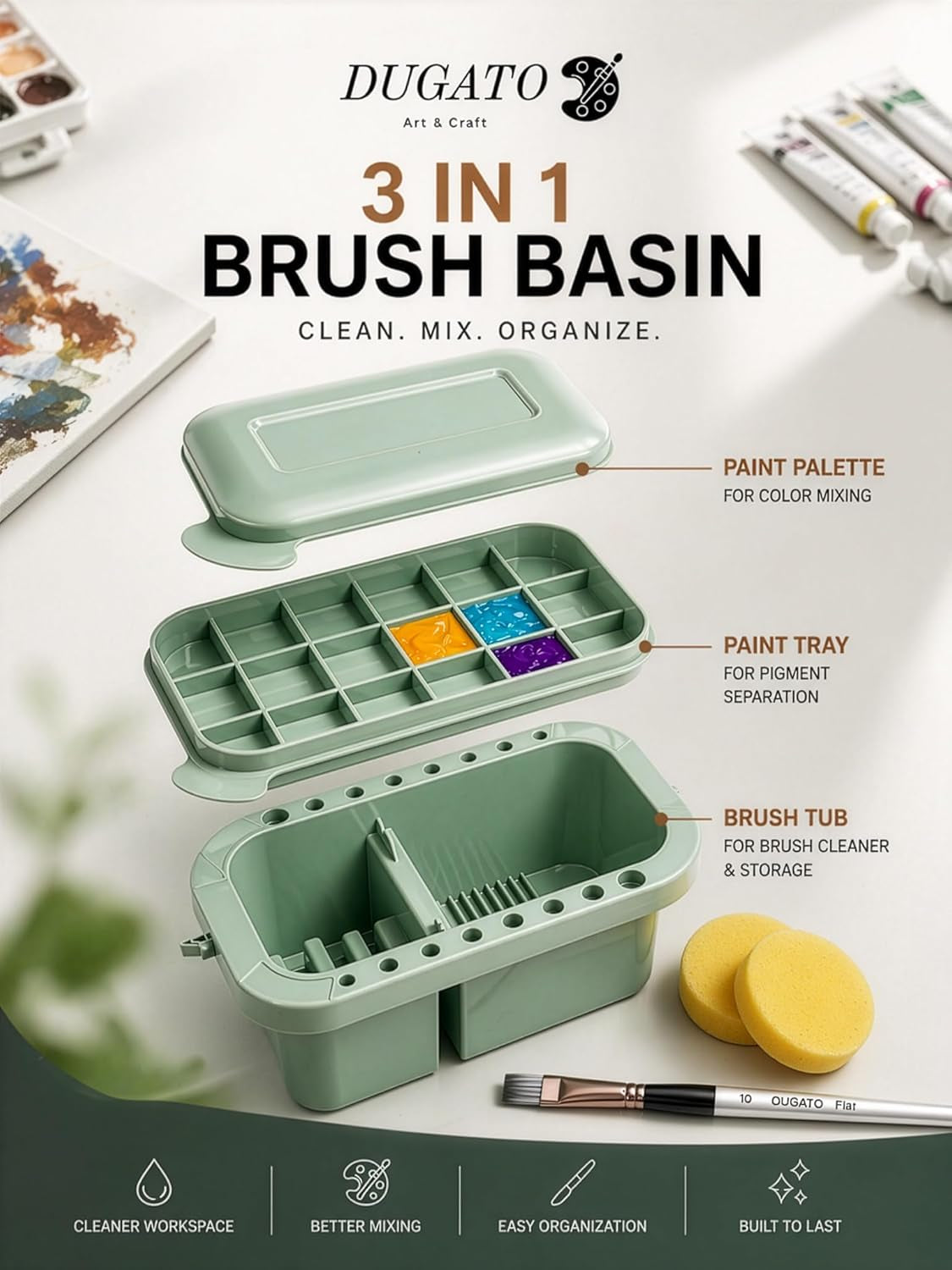 3-In-1 Paint Brush Cleaner, Washer, Holder & Palette - Artist Basin with Lid & Sponges for Acrylic, Watercolor, Oil Painting - Art Studio Organizer (Green)