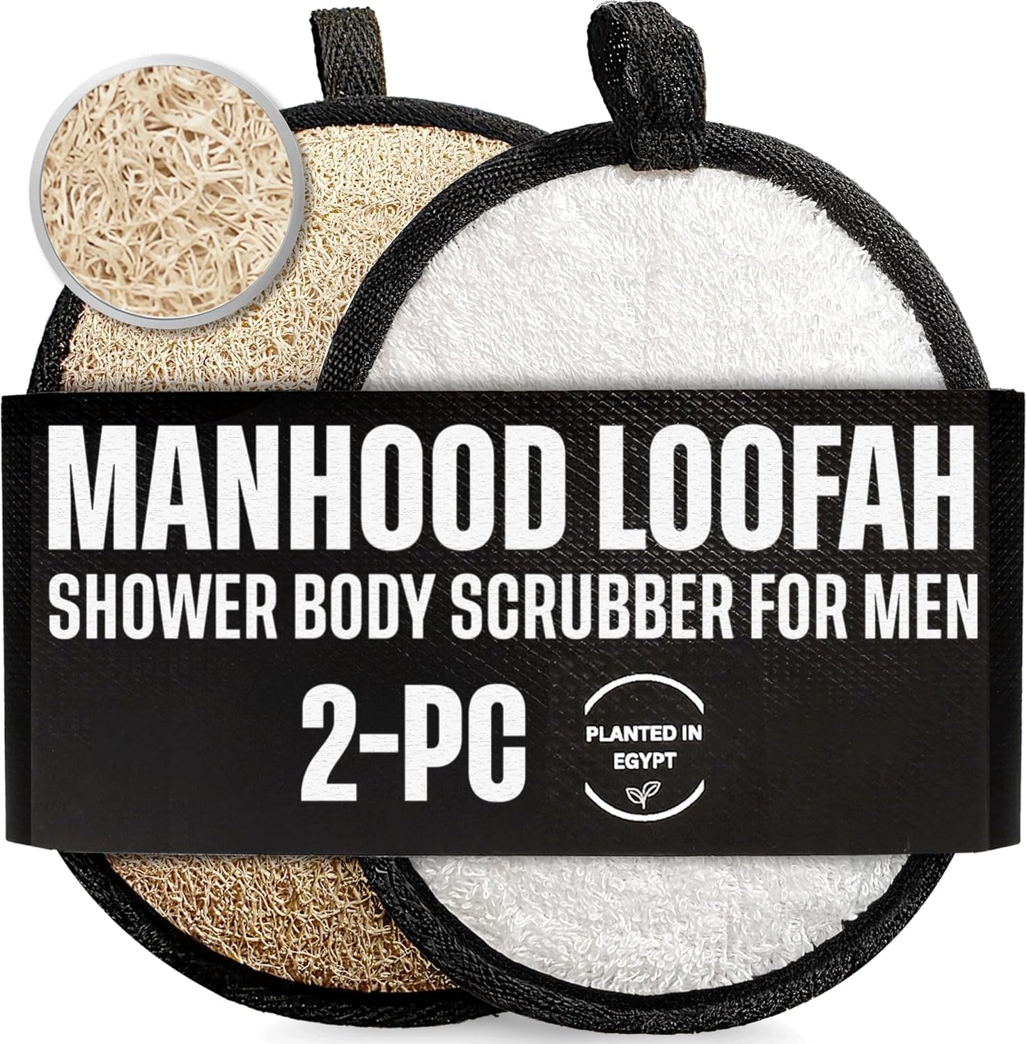 SERRENTO Natural Loofah Shower Body Scrubber for Men, Egyptian Luffa Sponge Exfoliating Loofah, Body Sponges for Shower, Hygiene Essentials, Bath Loofahs Scrubber Shower Tool - 2PCS Black & White Set