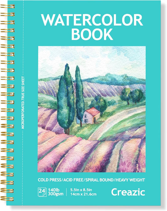 Watercolor Paper Pad, 5.5"X8.5” (24 Sheets, 140Lb/300G), Spiral - Bound with Tear - Line. a Watercolor Journal and Sketchbook for Adults & Kids - Ideal for Smaller - Sized Exercises or Travel