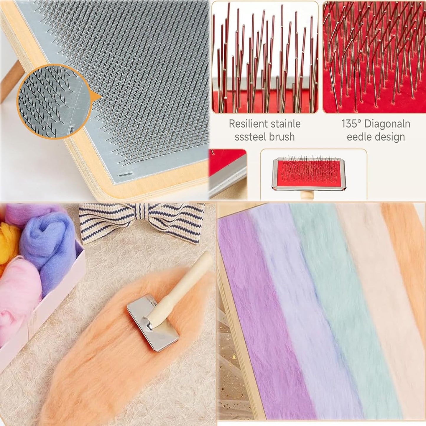 6PCS Wool Blending Board Carding Brush Set, Yarn Making Kit, 4 Wood Craft Sticks Two Brushes for Combing