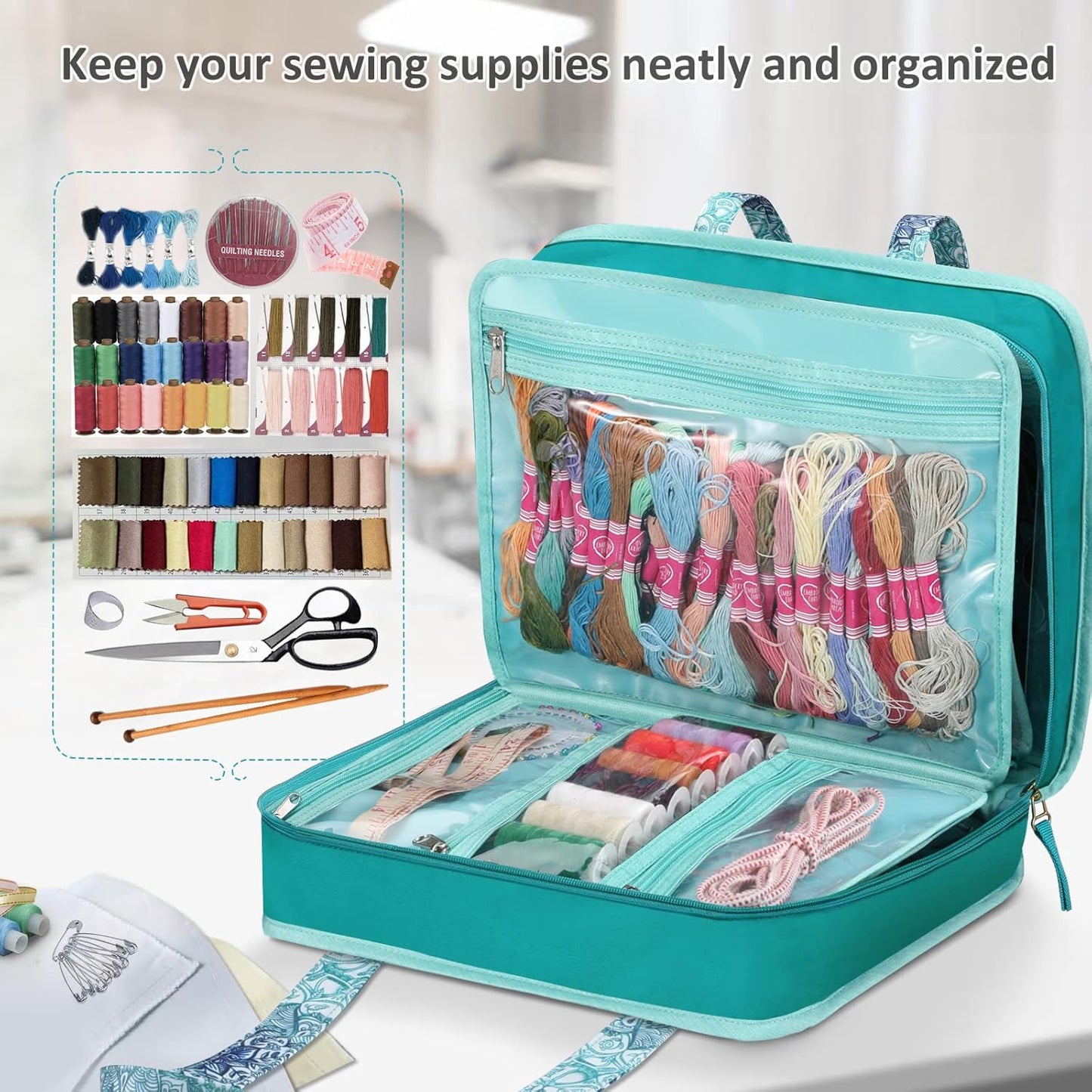 Sewing and Craft Supplies Storage Tote, Large Capacity Travel Packing Organizer Bag with Clear Pockets and Handle for Knitting, Crochet, Art, Sewing Accessories