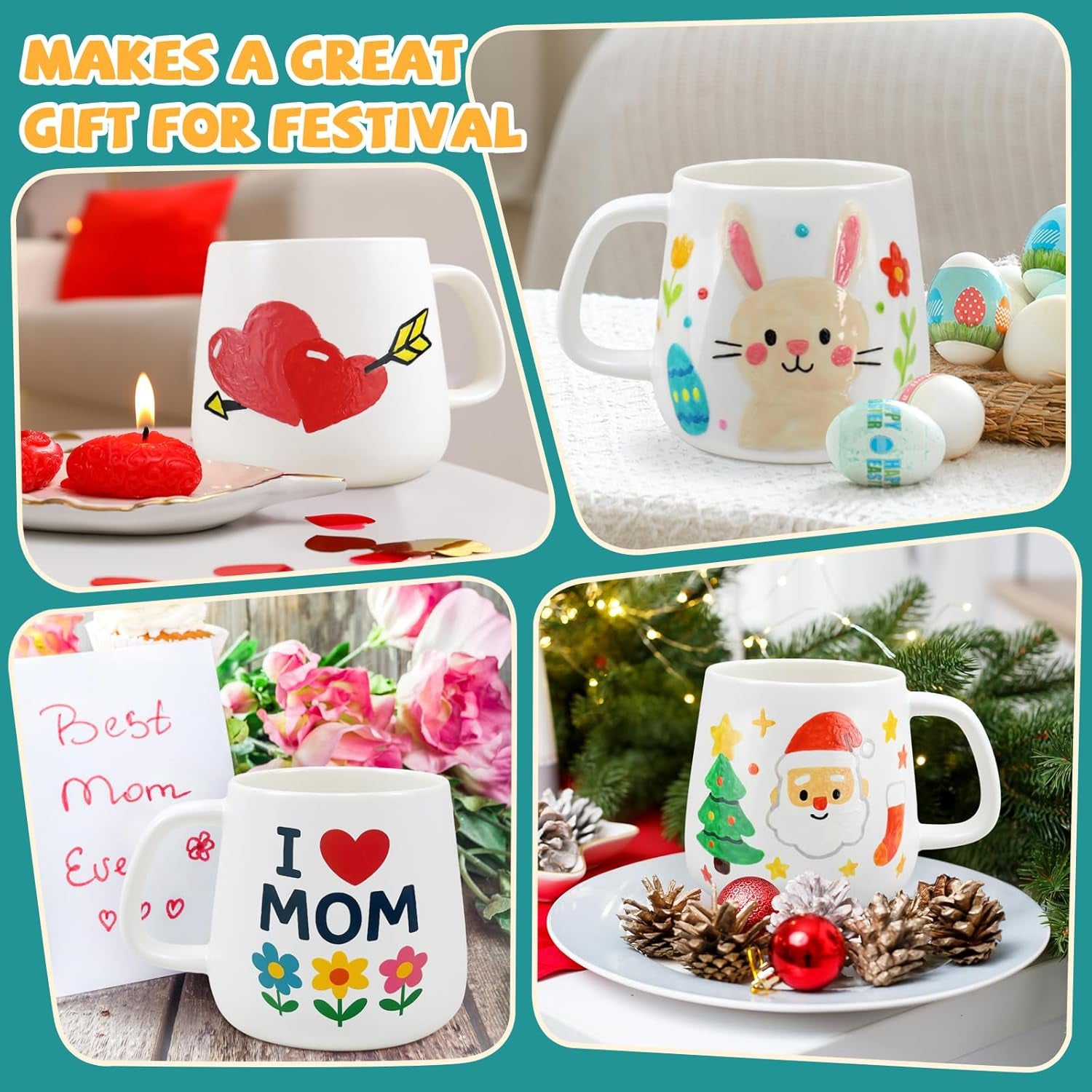 DIY Mug Painting Kit for Adults Kids with 2 Paintable Ceramic Mugs 12 Safe Paints, 2 Brushes & Ceramic Pen, Creative Crafts for Mother'S Day, Father'S Day & Valentine'S Day Gifts