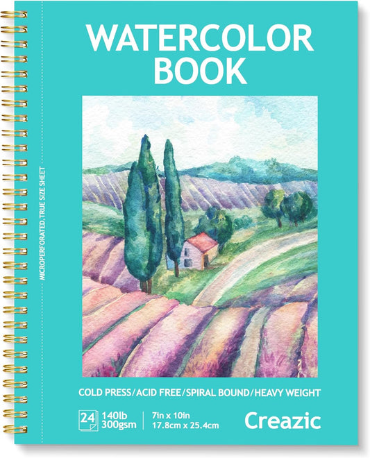 Water Color Paper Pad, 7" X 10” (24 Sheets, 140Lb/300G), Spiral Bound with Tear Line. Watercolor Paint Book & Sketchbook for Adults & Kids – Ideal for Medium-Sized Projects, Skill Exercises or Travel