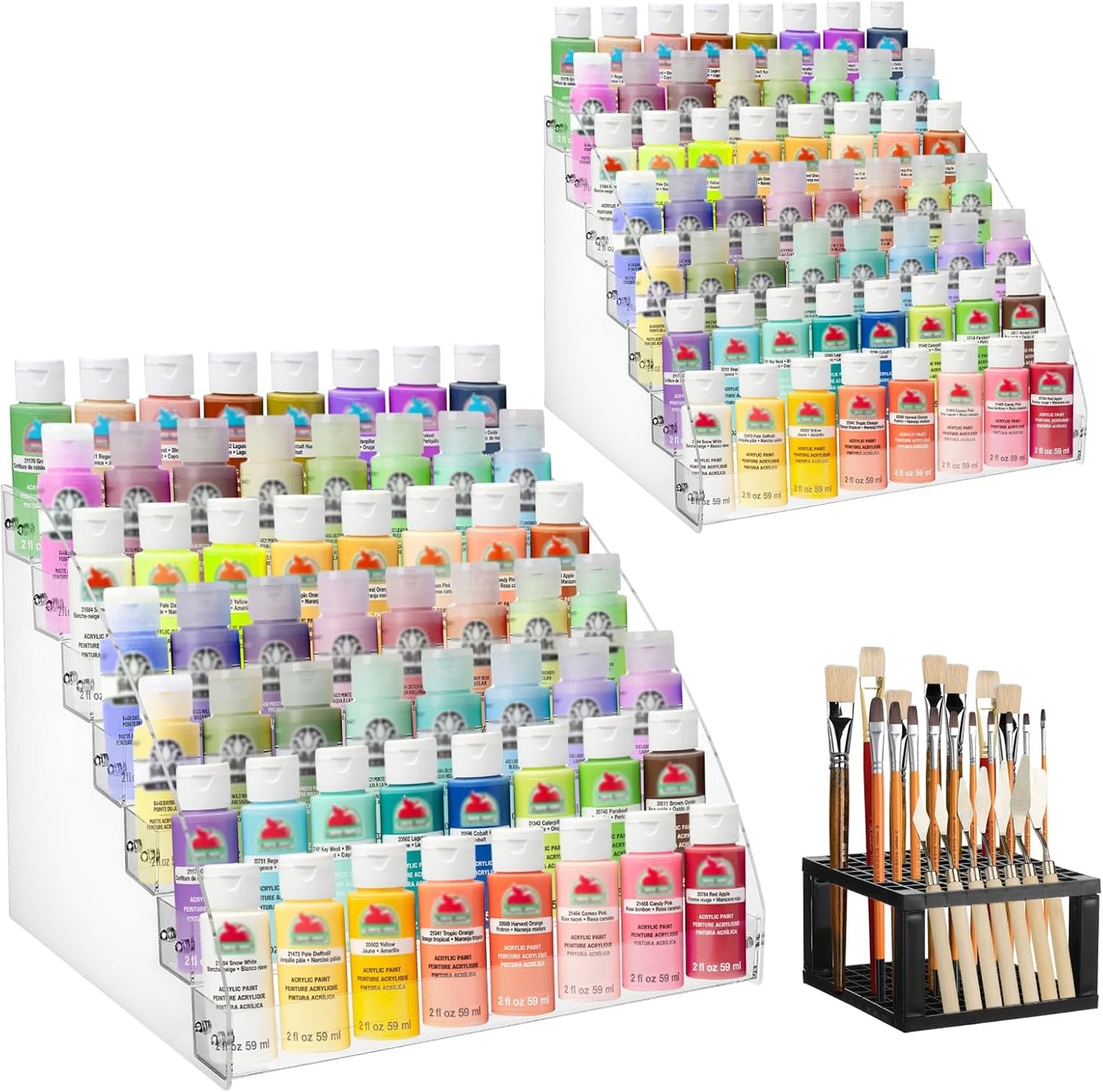 2 Pack 7 Tiers Clear Acrylic Paint Organizer with Brush Holder,Paint Organizers Set Miniature Paints Holders, 7 Layers Paints Storage Rack, Craft Paint Rack