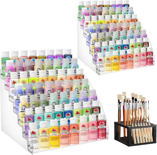 2 Pack 7 Tiers Clear Acrylic Paint Organizer with Brush Holder,Paint Organizers Set Miniature Paints Holders, 7 Layers Paints Storage Rack, Craft Paint Rack
