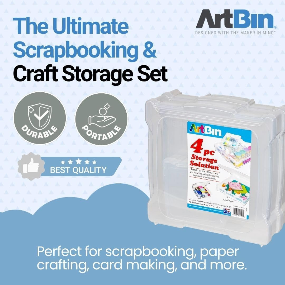 6913AB-2 Portable Art & Craft Organizer with Handle | 4-Piece Craft Storage Containers Set - Scrapbook Boxes | Durable Art Supply Storage Organizer for Crafting (2 Pcs 12X12 + 2 Pcs 6X6)