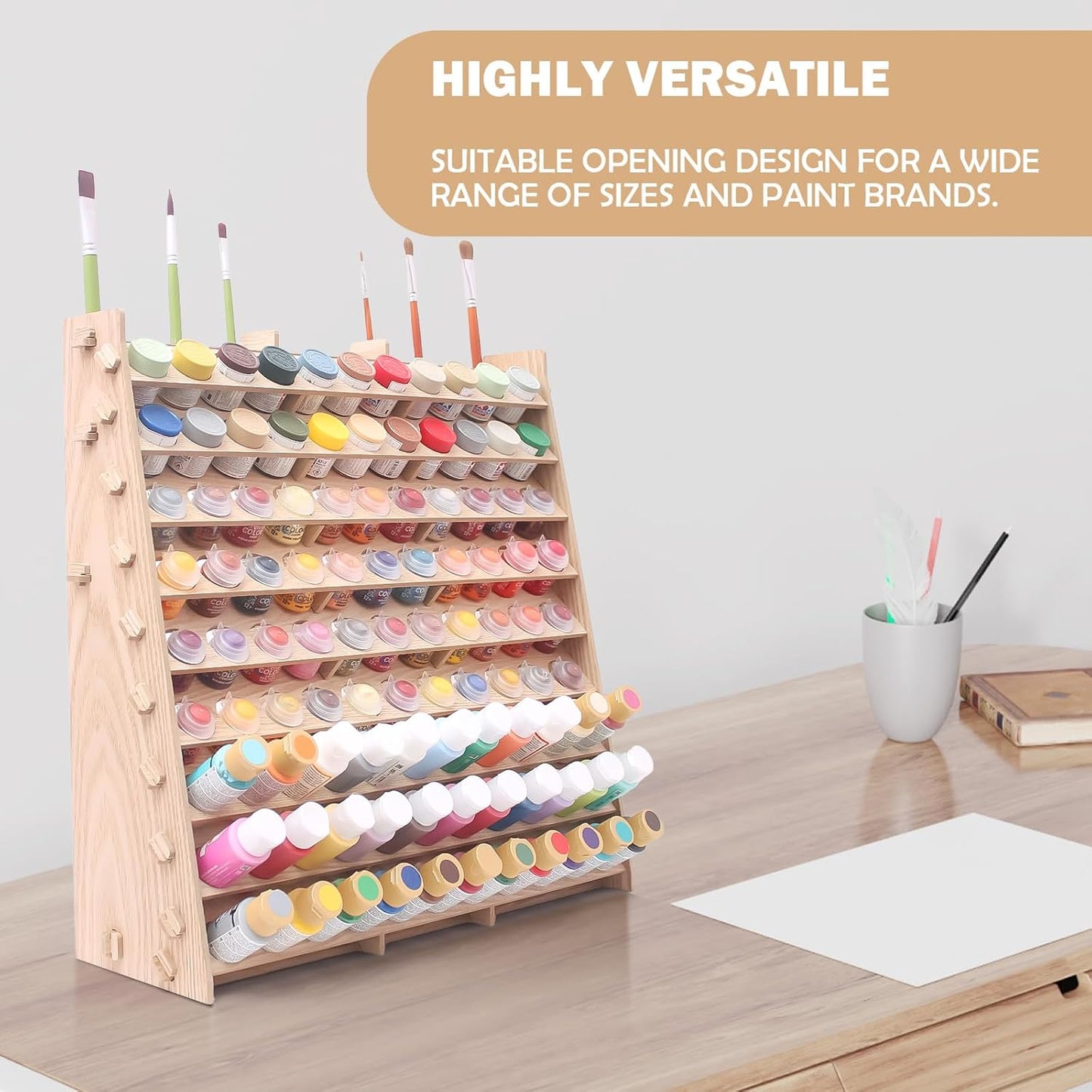 Extra Large Wooden 9-Tiers 99 Bottles' Capacity Wooden Paint Organizer & Paint Brush Rack for Acrylic OIL Craft Hobby Mini Model Painting Organizer for Artists (Vertical)