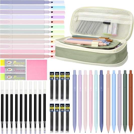 46 PCS Aesthetic School Supplies with Pencil Case, Pastel Highlighters, Erasable Pens, Refills, Mechanical Pencils for Students Stationary College Essentials