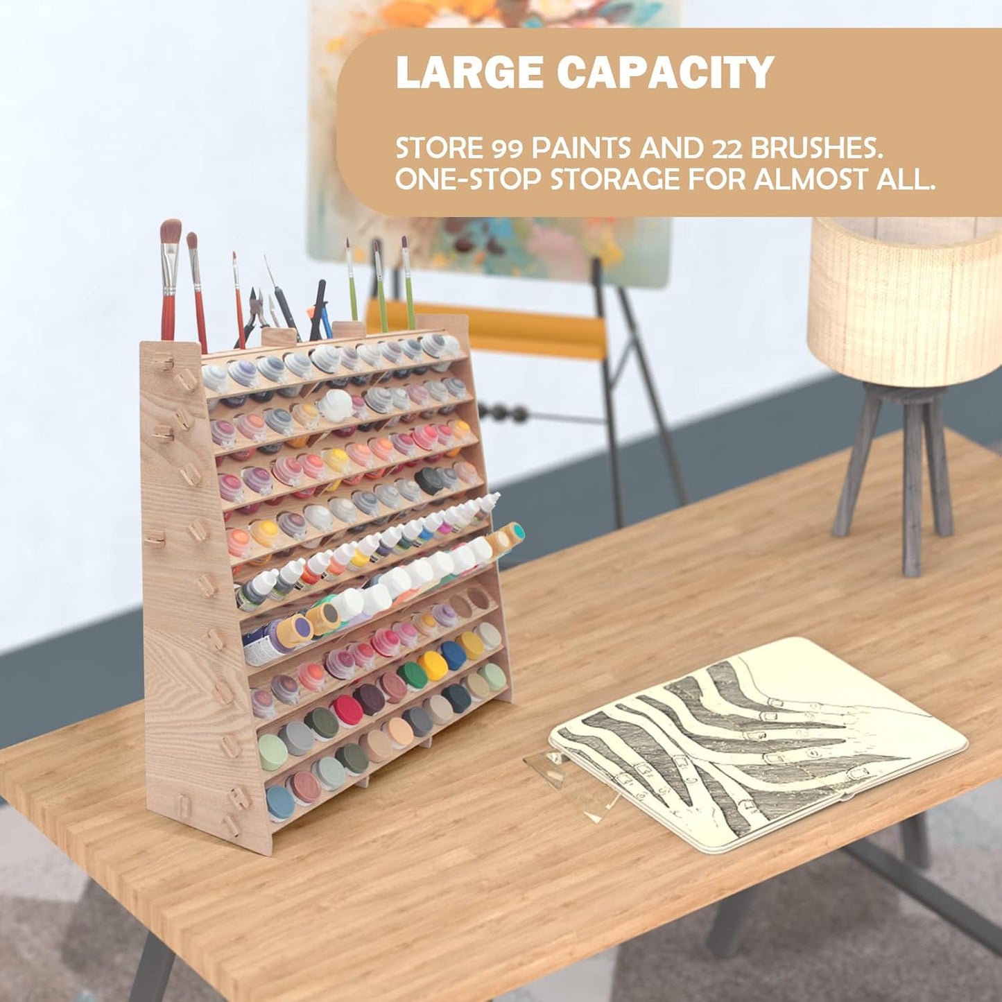 Extra Large Wooden 9-Tiers 99 Bottles' Capacity Wooden Paint Organizer & Paint Brush Rack for Acrylic OIL Craft Hobby Mini Model Painting Organizer for Artists (Vertical)