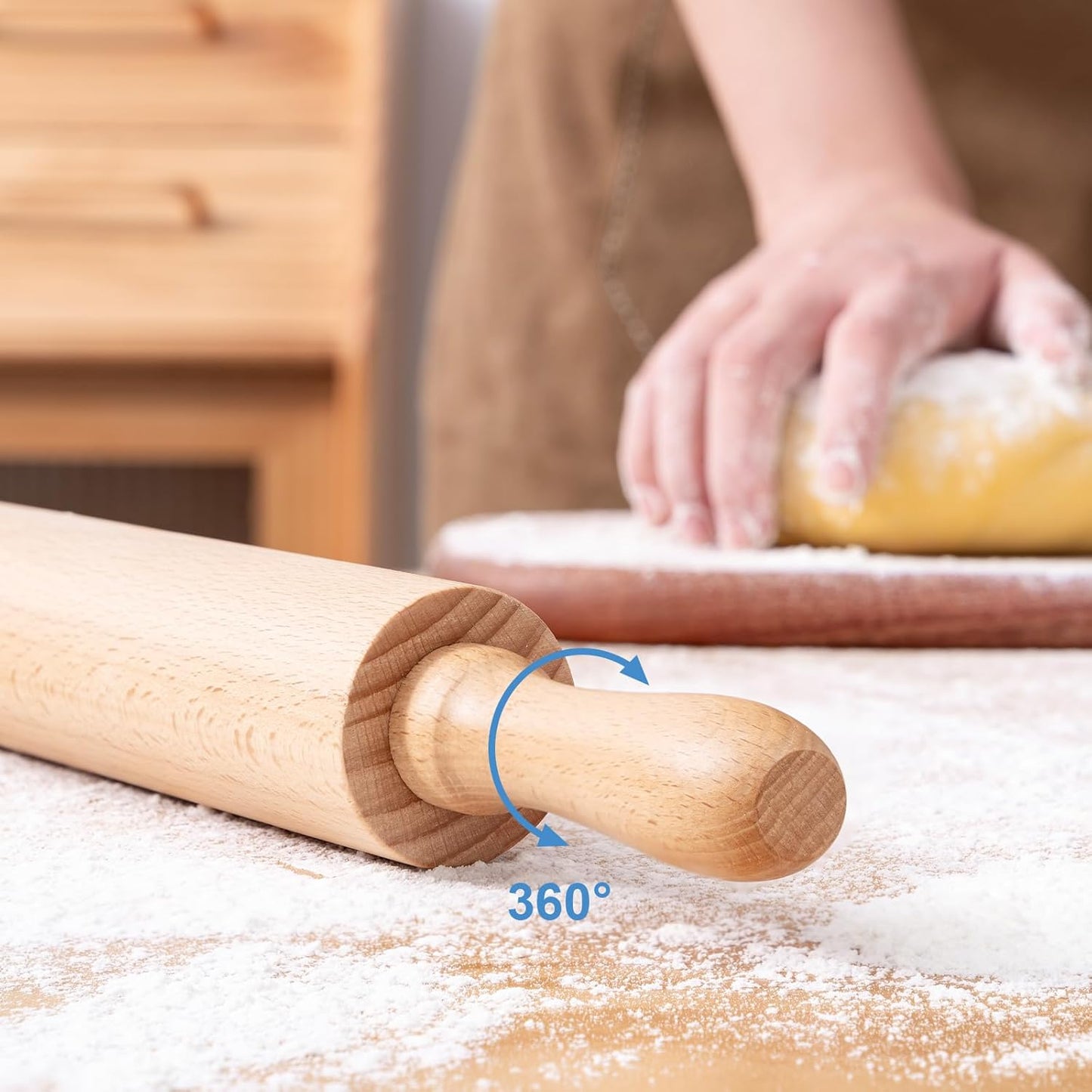 Rolling Pins for Baking, 15.75 Inches Wooden Rolling Pin with Handles, Classic Nonstick Dough Roller for Fondant Pizza Pie Crust Cookie Pastry, Kitchen Baking Essentials, Light Yellow