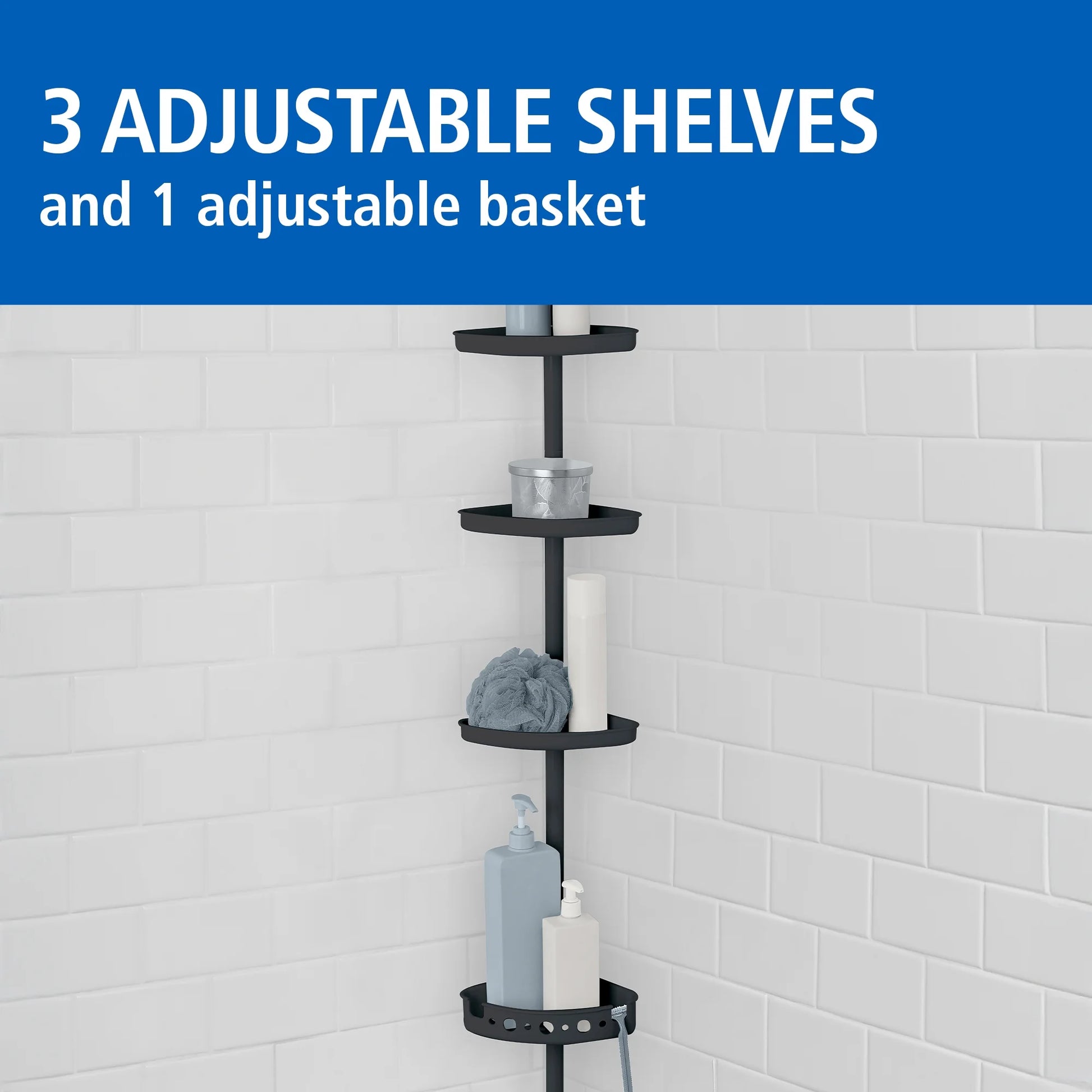 4-Tier Black Tension Pole Shower Caddy Organizer