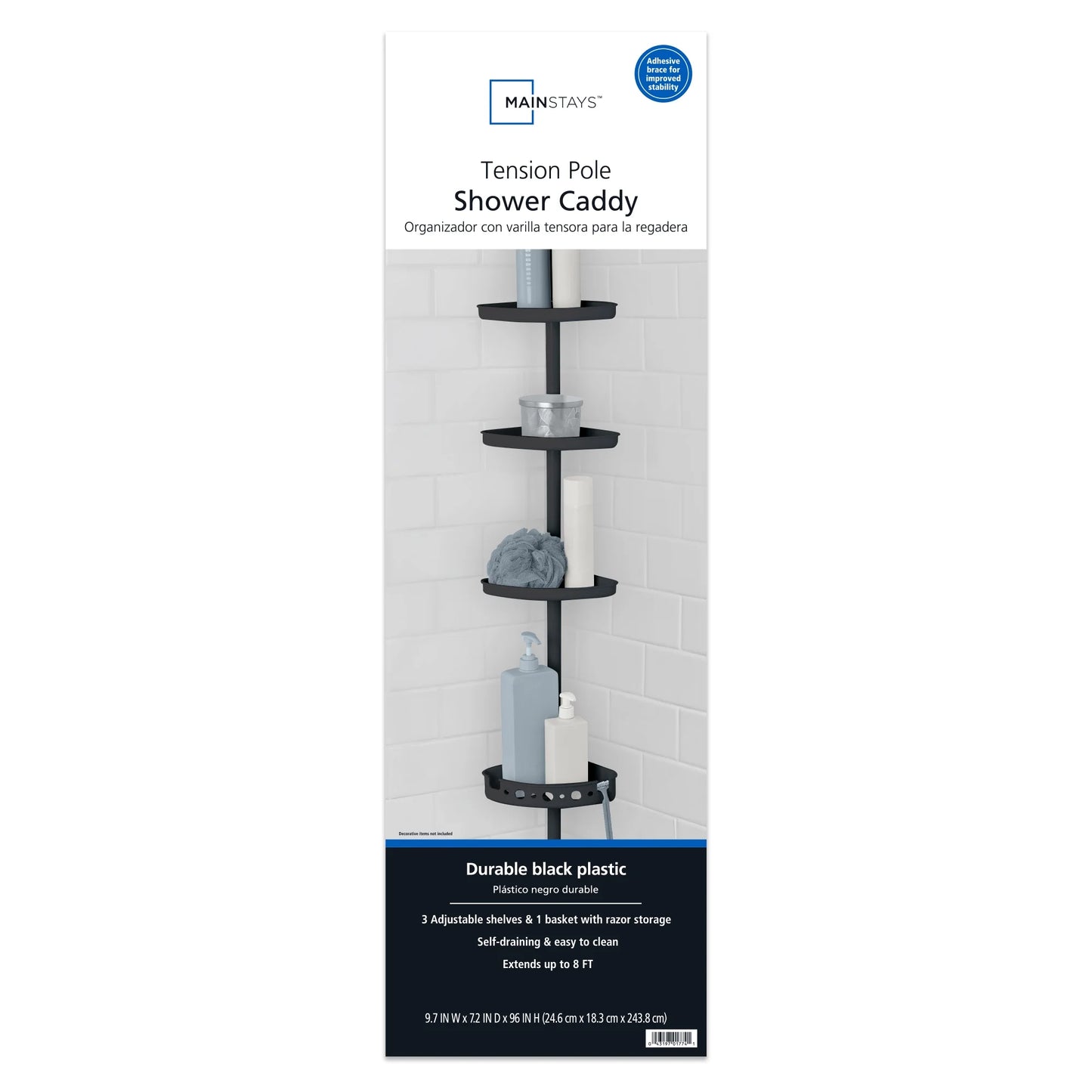 4-Tier Black Tension Pole Shower Caddy Organizer