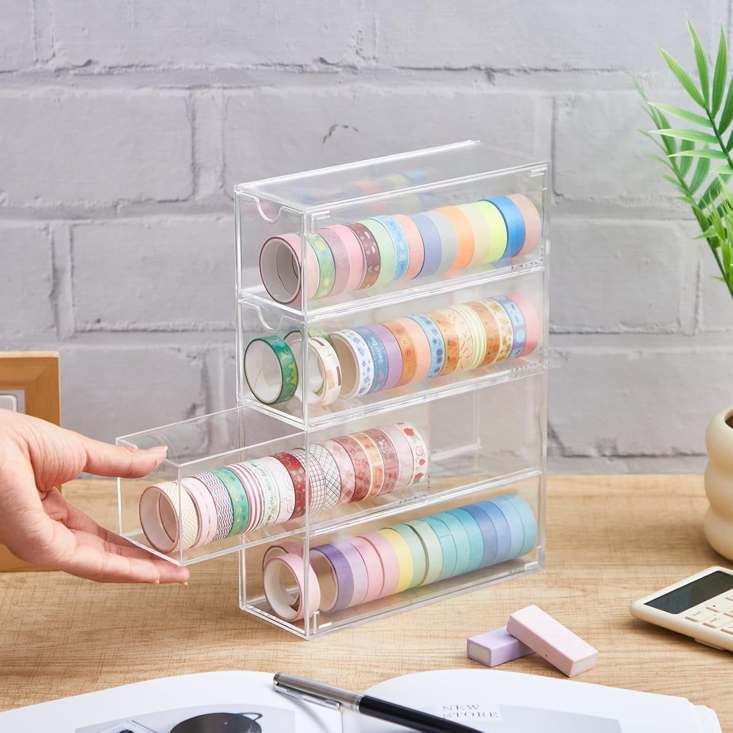 3 Pack Acrylic Washi Tape Organizer, Clear Washi Tape Storage Holder with 4 Sliding Drawers, Desk Accessories Display Caddy Craft Box for Scrapbooking Art Craft Supplies