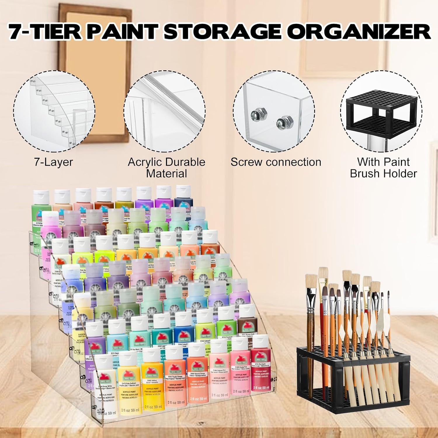 2 Pack 7 Tiers Clear Acrylic Paint Organizer with Brush Holder,Paint Organizers Set Miniature Paints Holders, 7 Layers Paints Storage Rack, Craft Paint Rack